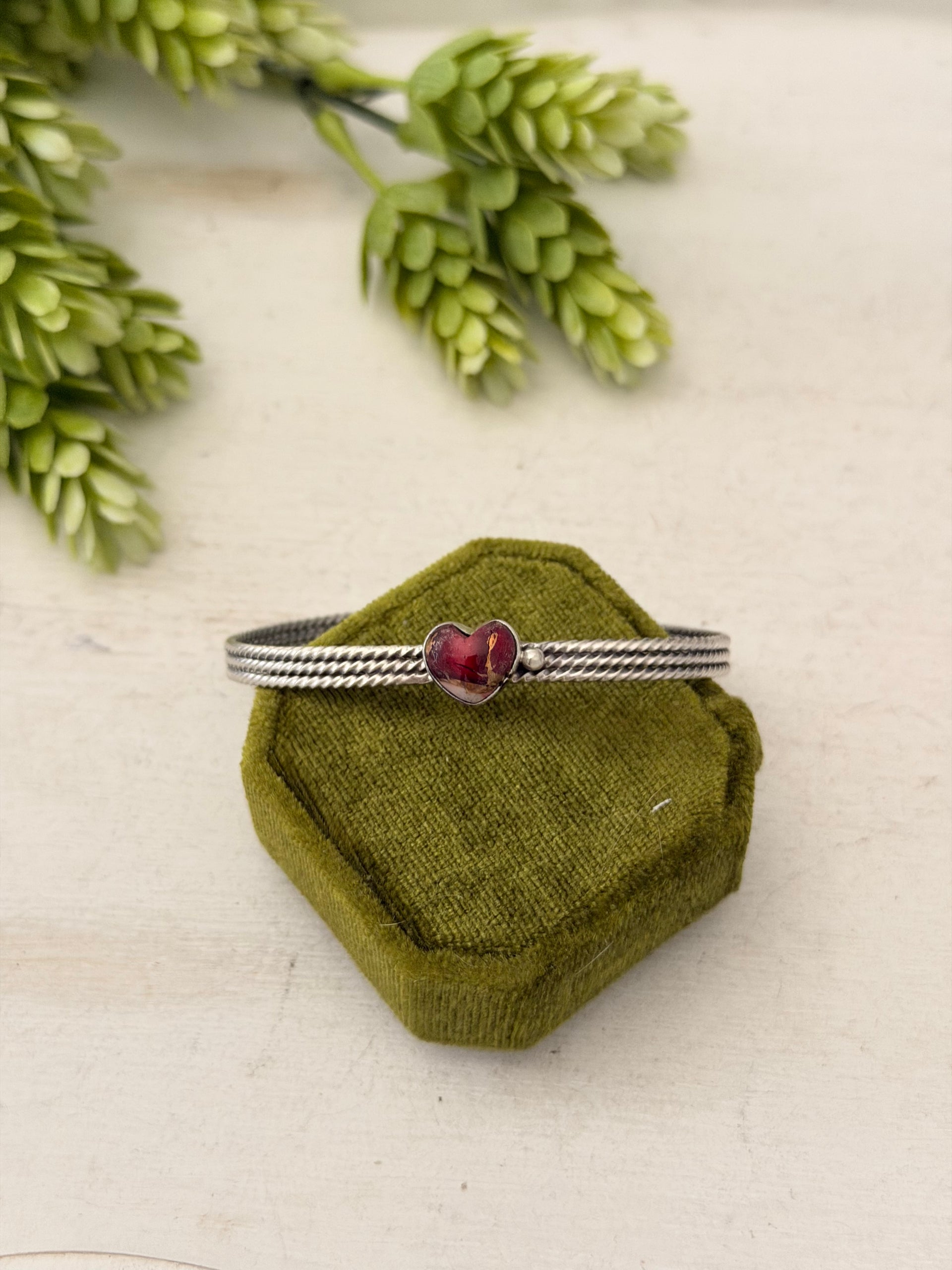 Navajo Made Rose Dahlia & Sterling Silver Heart Cuff Bracelet
