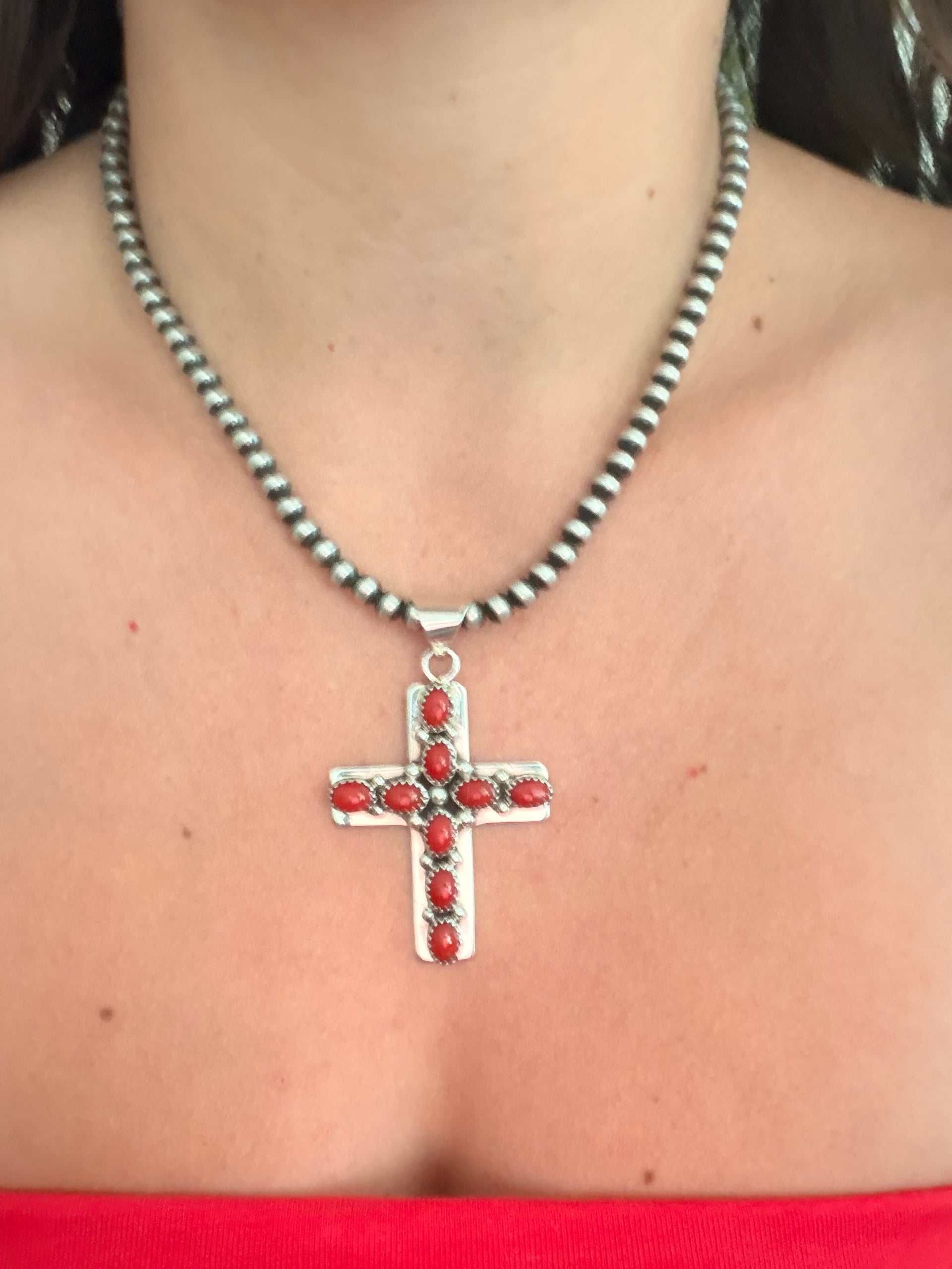 Navajo Made Red Coral & Sterling Silver Cross Cluster Pendant