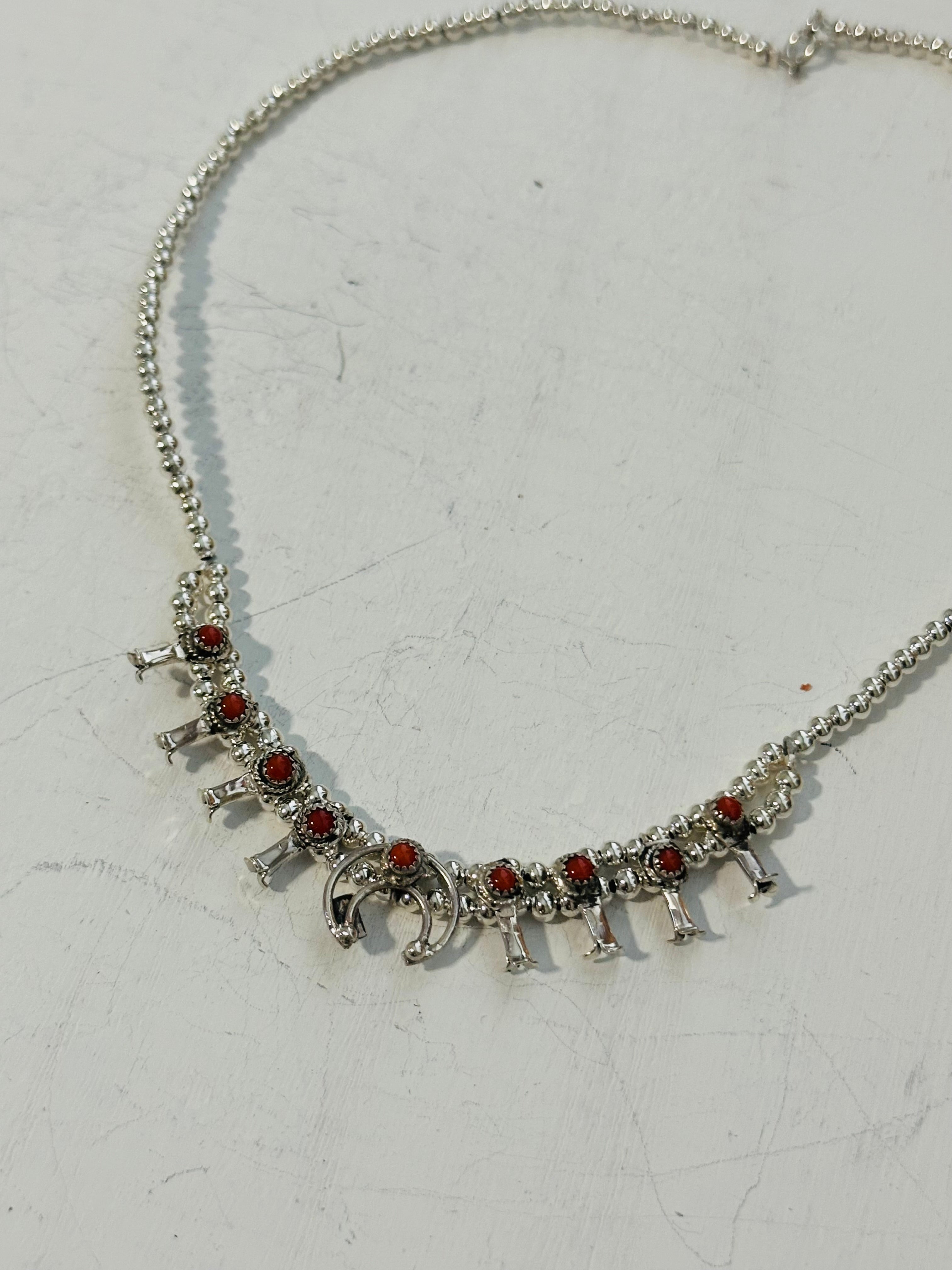 Navajo Made Coral & Sterling Silver Mini Squash Blossom Necklace