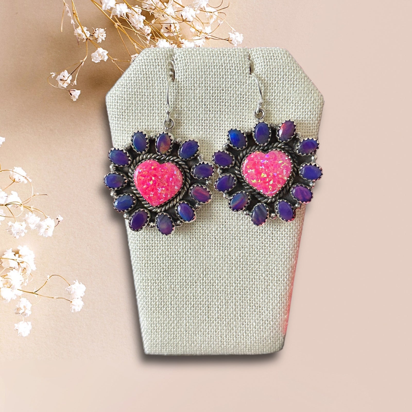 Southwest Handmade Opal & Sterling Silver Dangle Cluster Heart Earrings