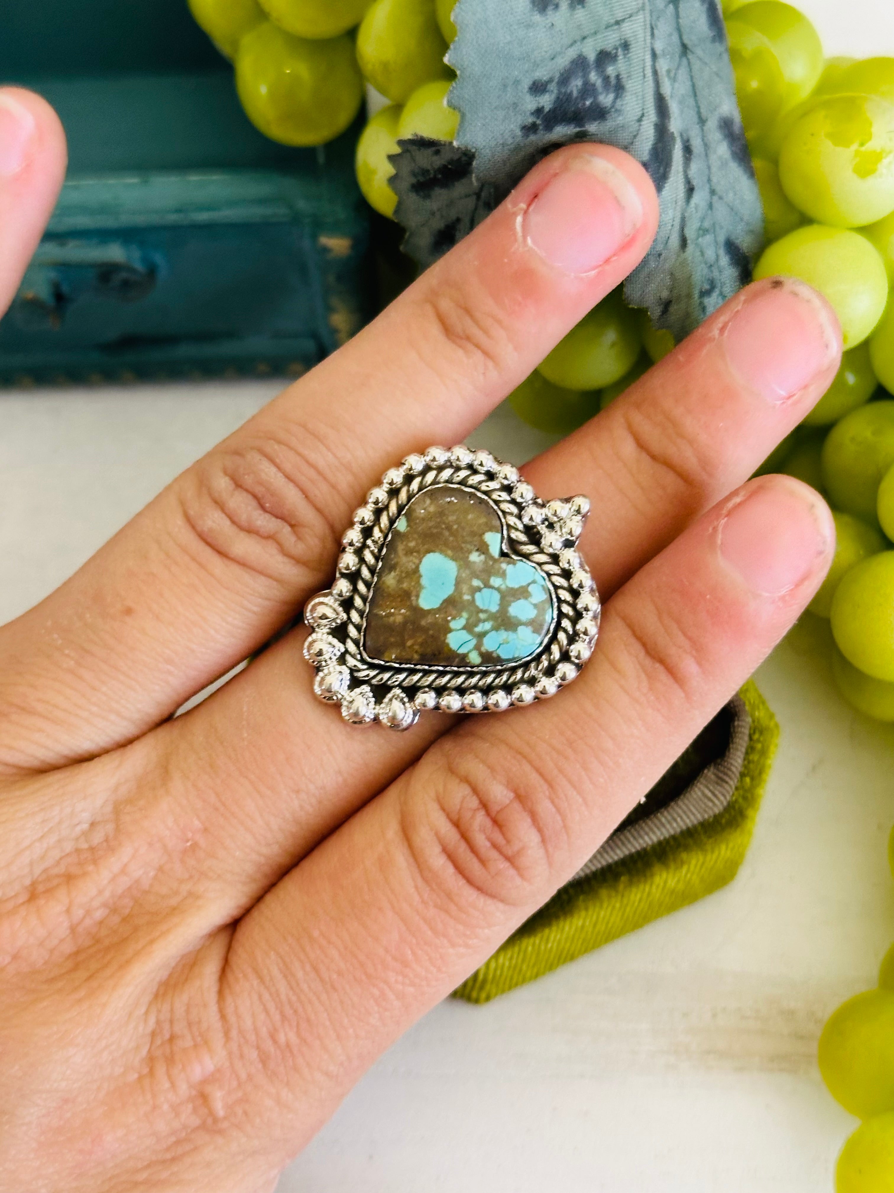 Southwest Handmade #8 Turquoise & Sterling Silver Adjustable Heart Ring