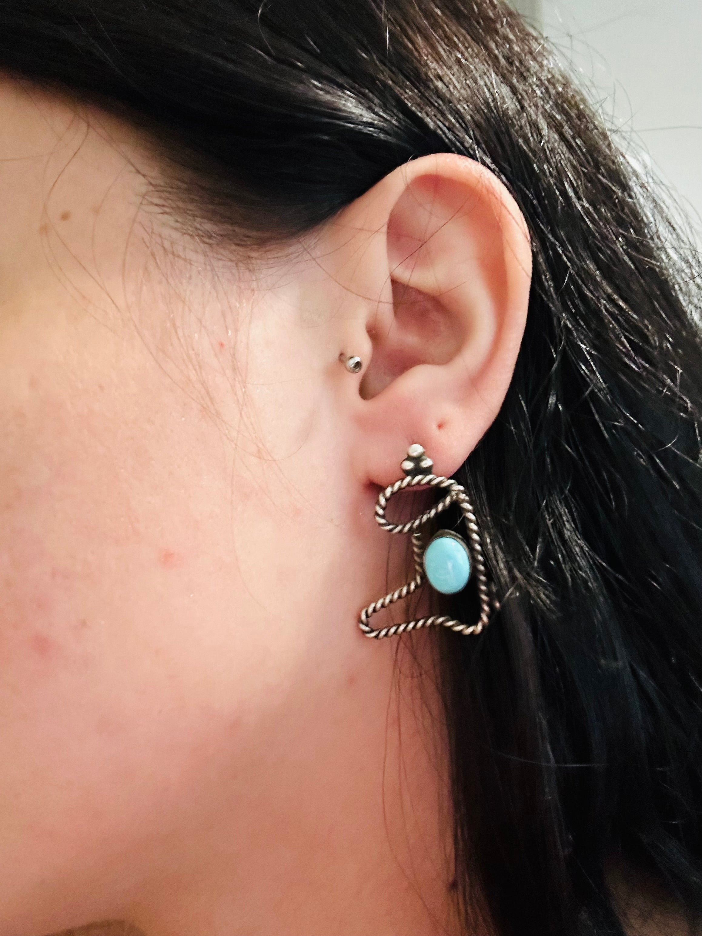 Navajo Made Kingman Turquoise & Sterling Silver Boot Earrings