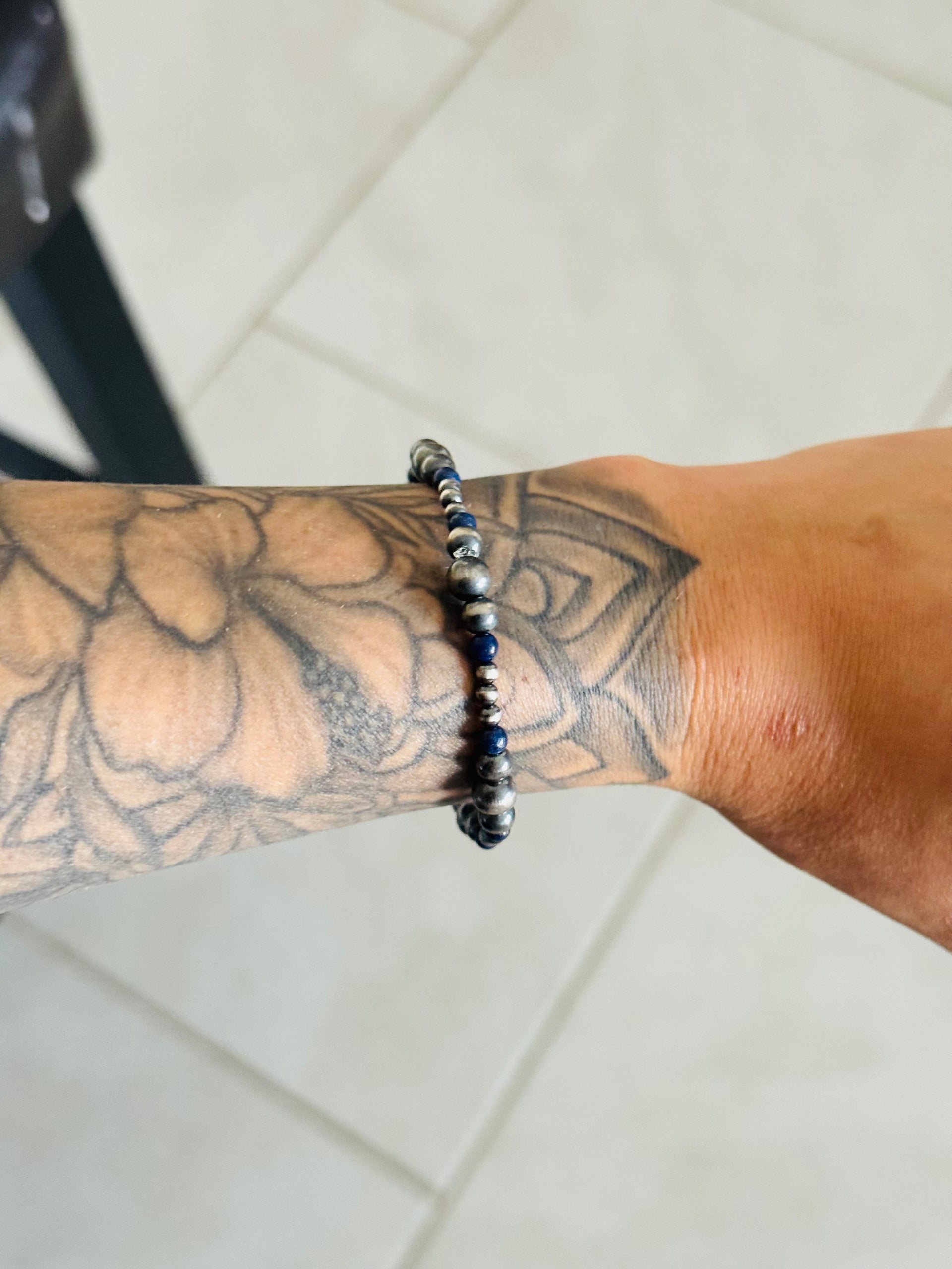 Navajo Strung Lapis & Sterling Silver Pearl Beaded Stretch Bracelet