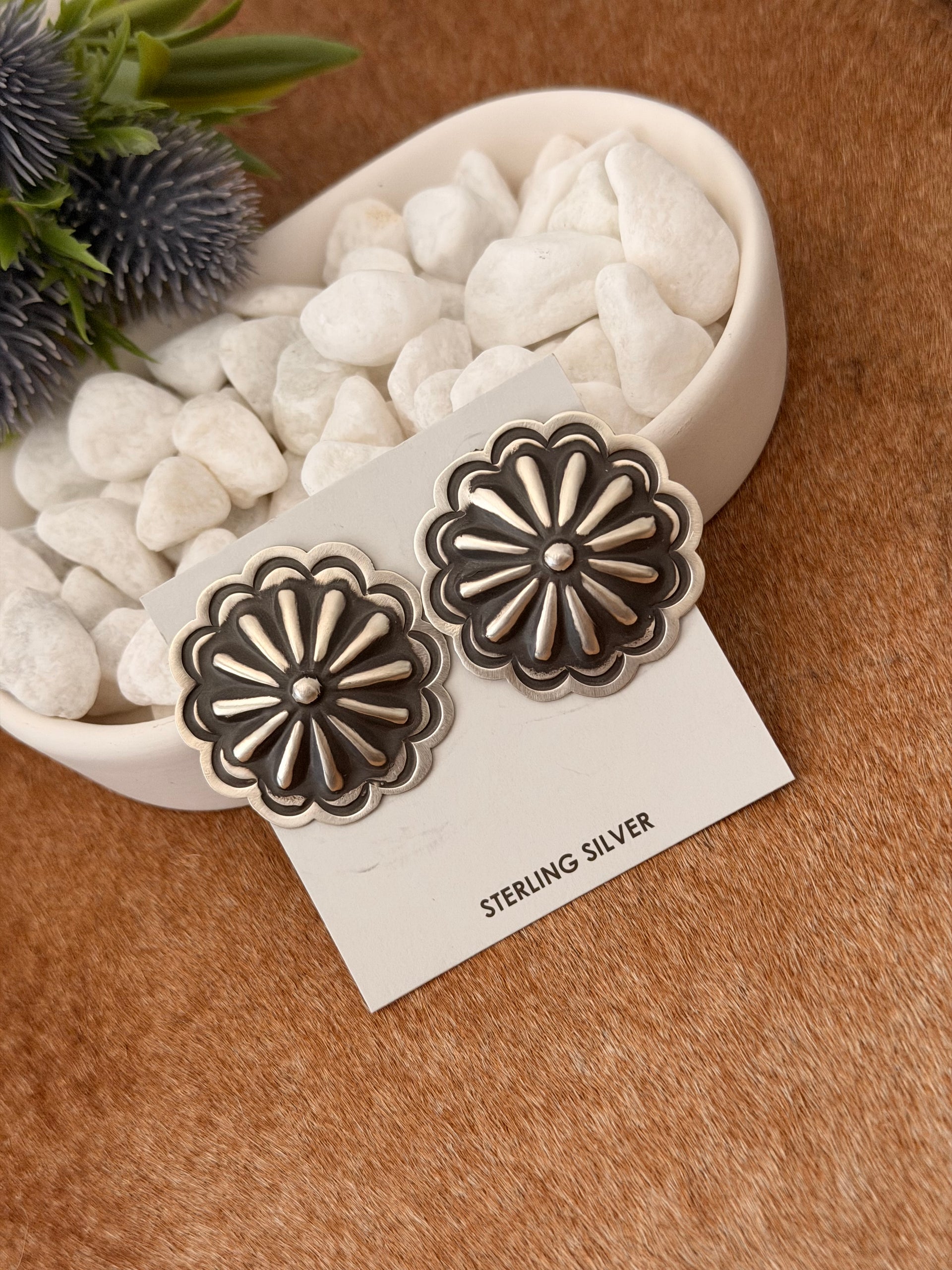 Navajo Made Sterling Silver Post Concho Earrings