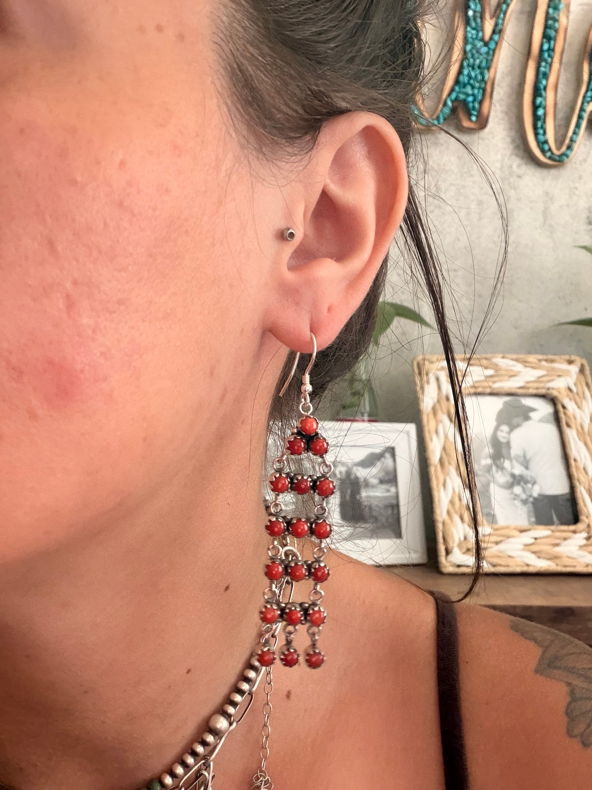 Navajo Made Red Coral & Sterling Silver Dangle Cluster Earrings