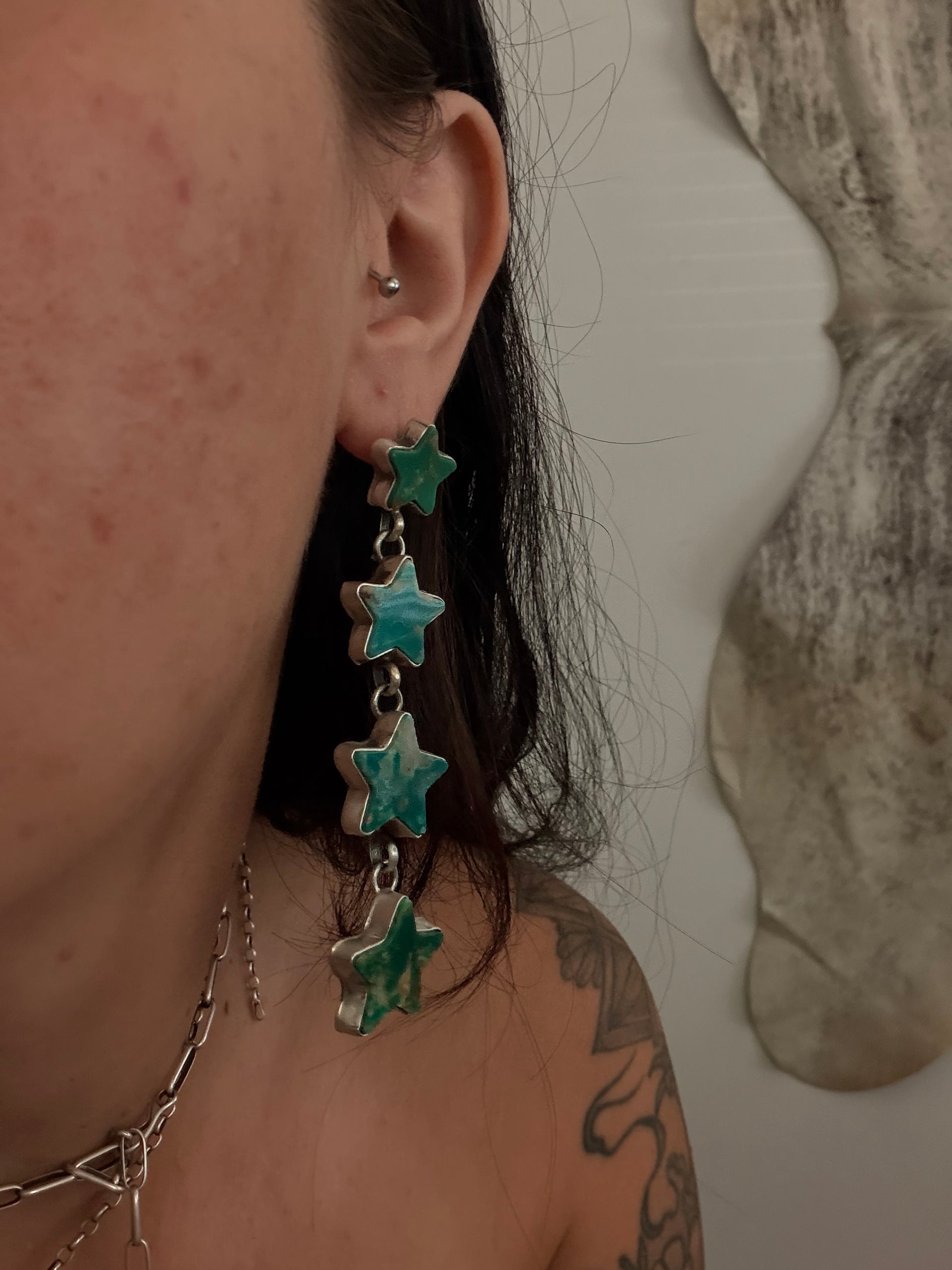 Navajo Made Fox Turquoise & Sterling Silver Post Dangle Star Earrings