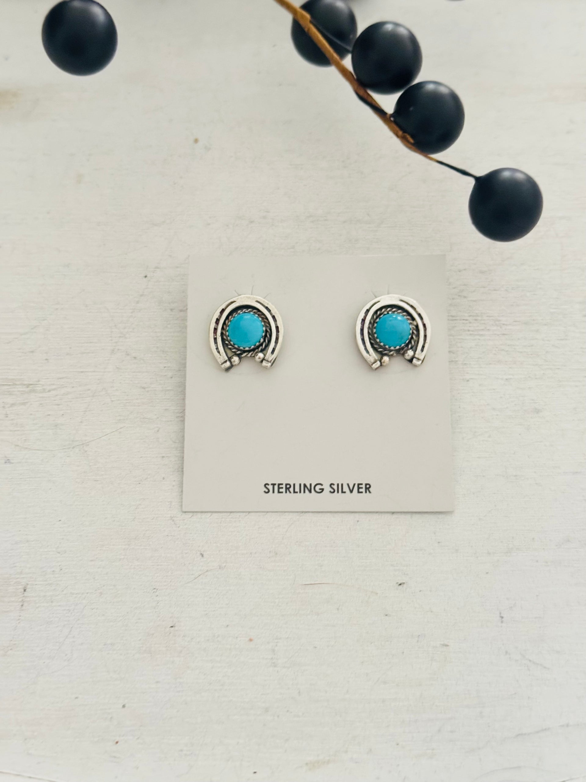 Annette Chiquito Kingman Turquoise & Sterling Silver Horse Shoe Post Earrings