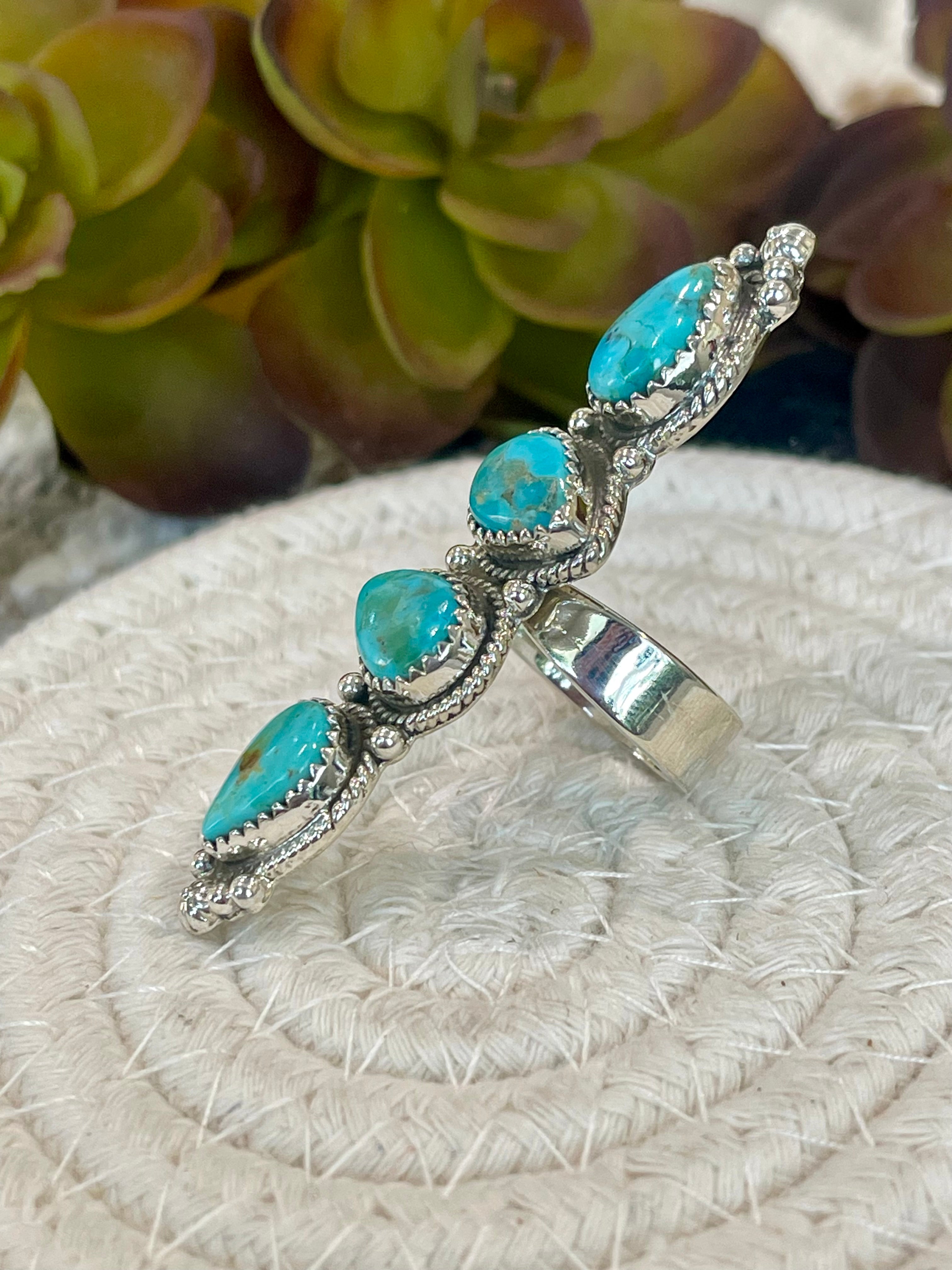 Southwest Handmade Kingman Turquoise & Sterling Silver Adjustable 4 Stone Ring