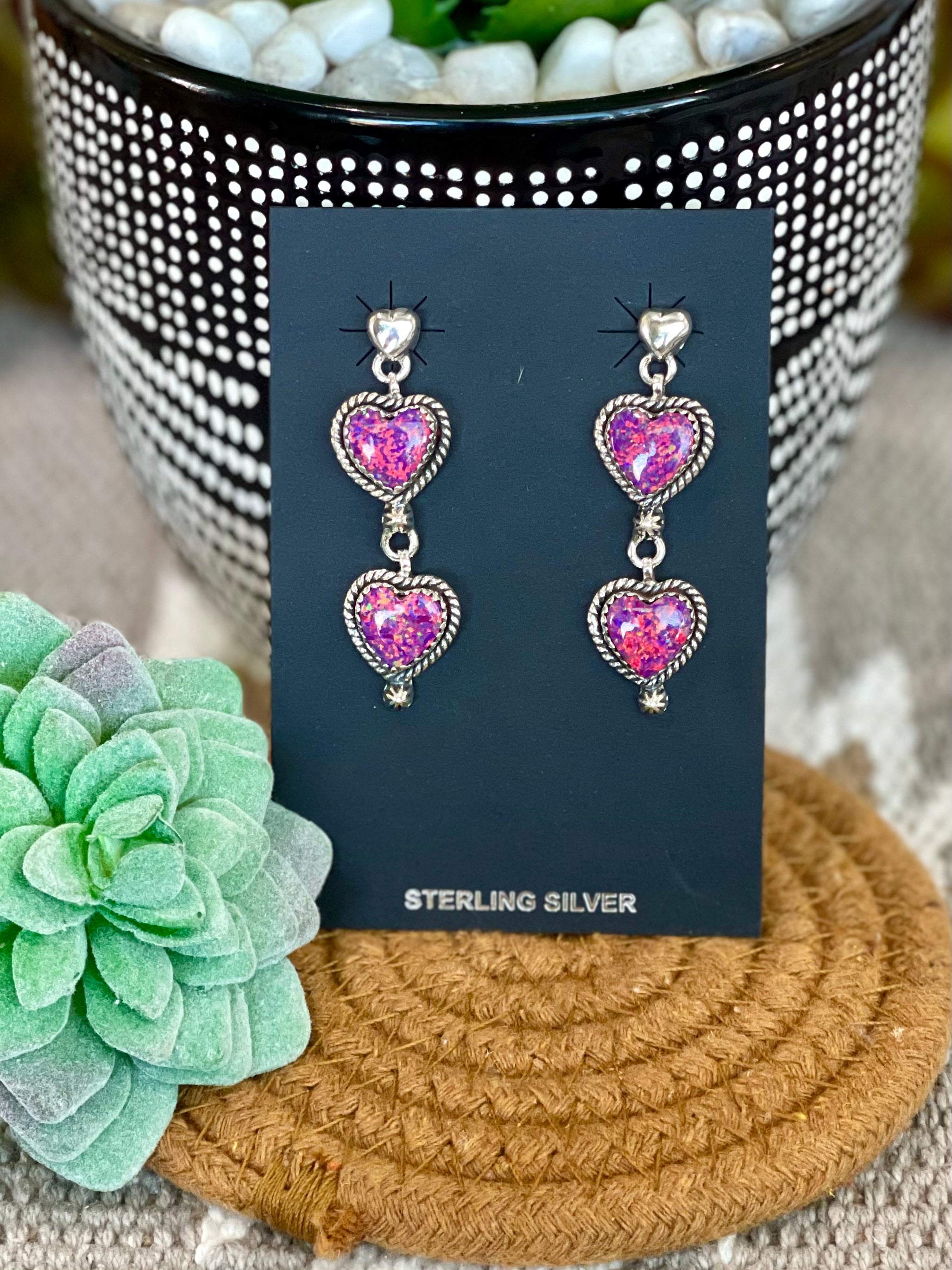 Southwest Handmade Opal & Sterling Silver Post Dangle Heart Earrings