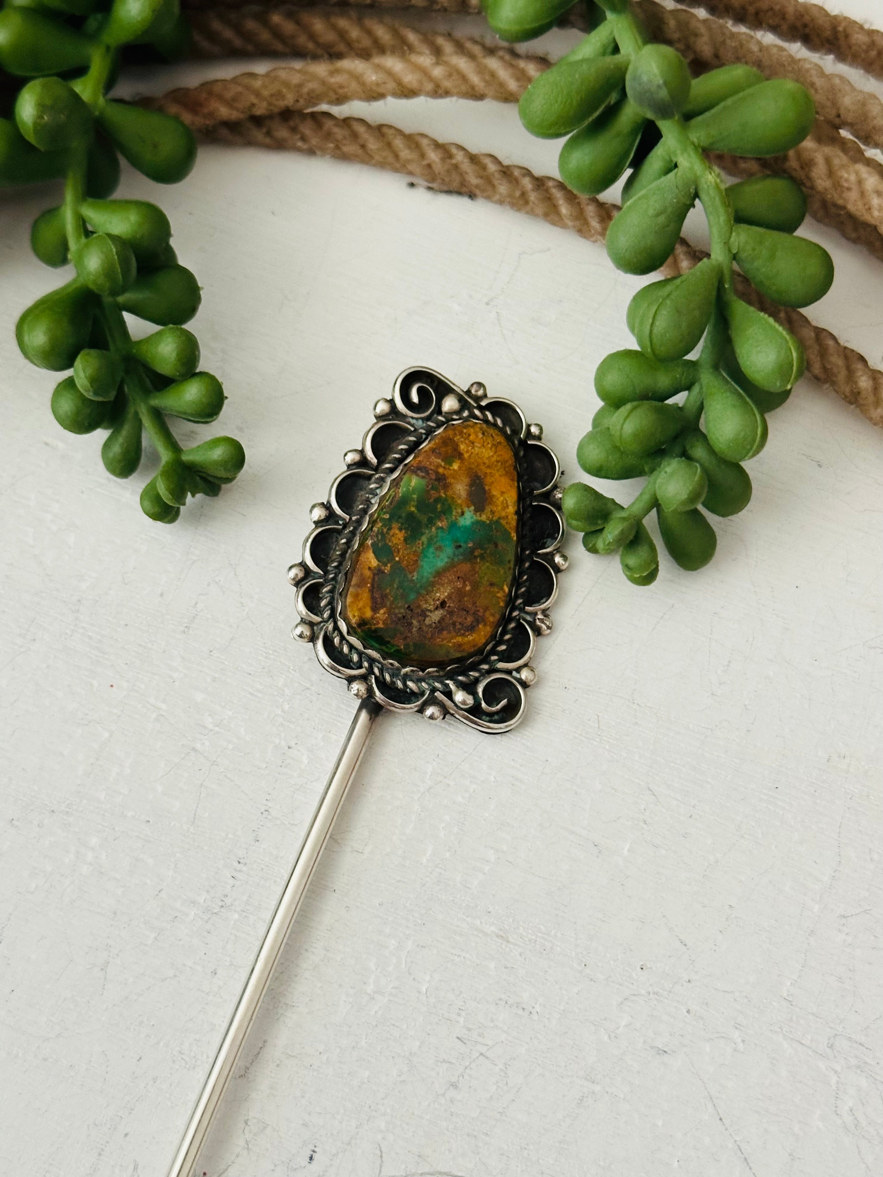 Navajo Handmade Royston Turquoise & Sterling Silver Hair Pin