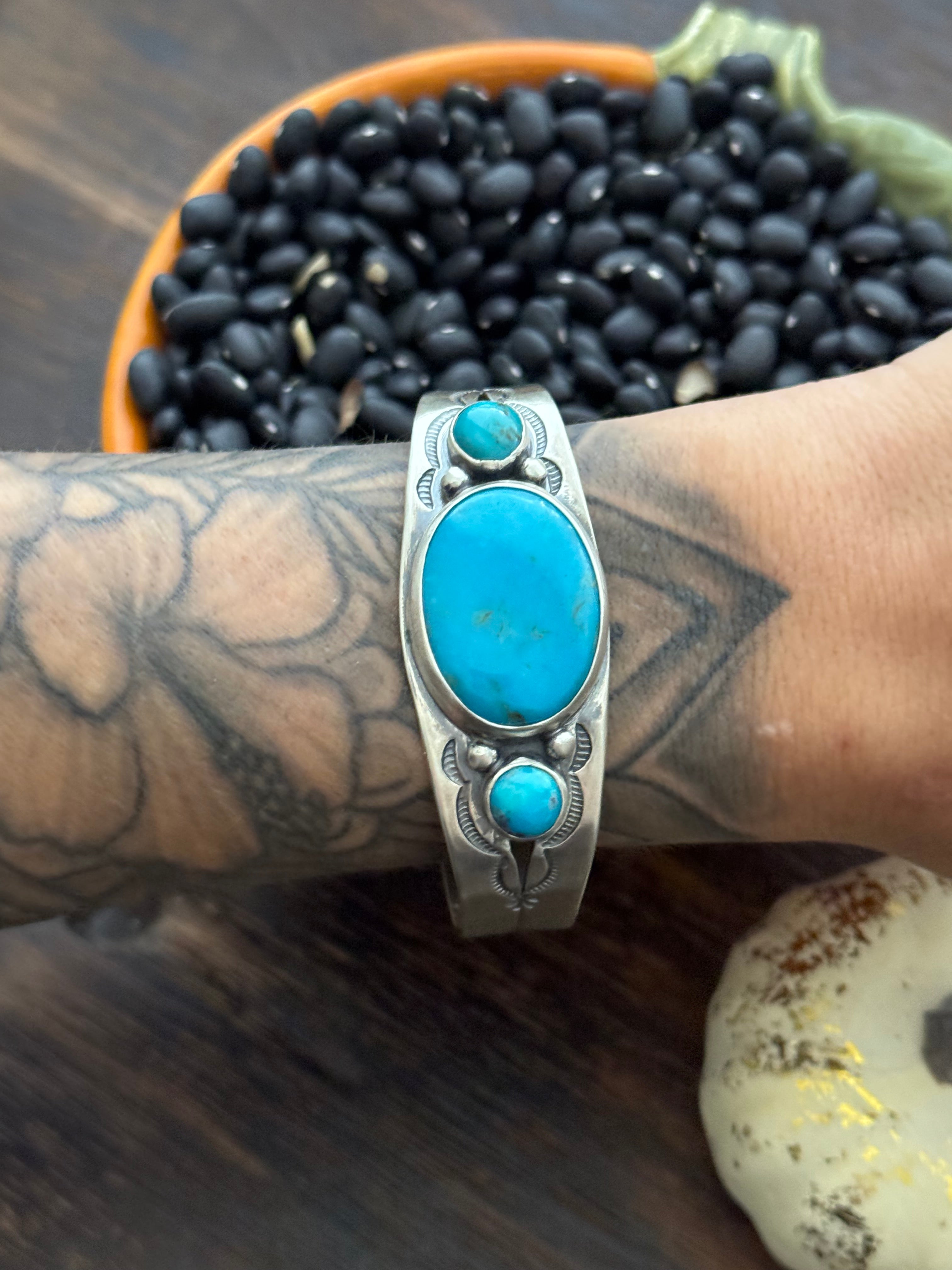 Larry Kaye Kingman Turquoise & Sterling Silver Cluster Cuff Bracelet