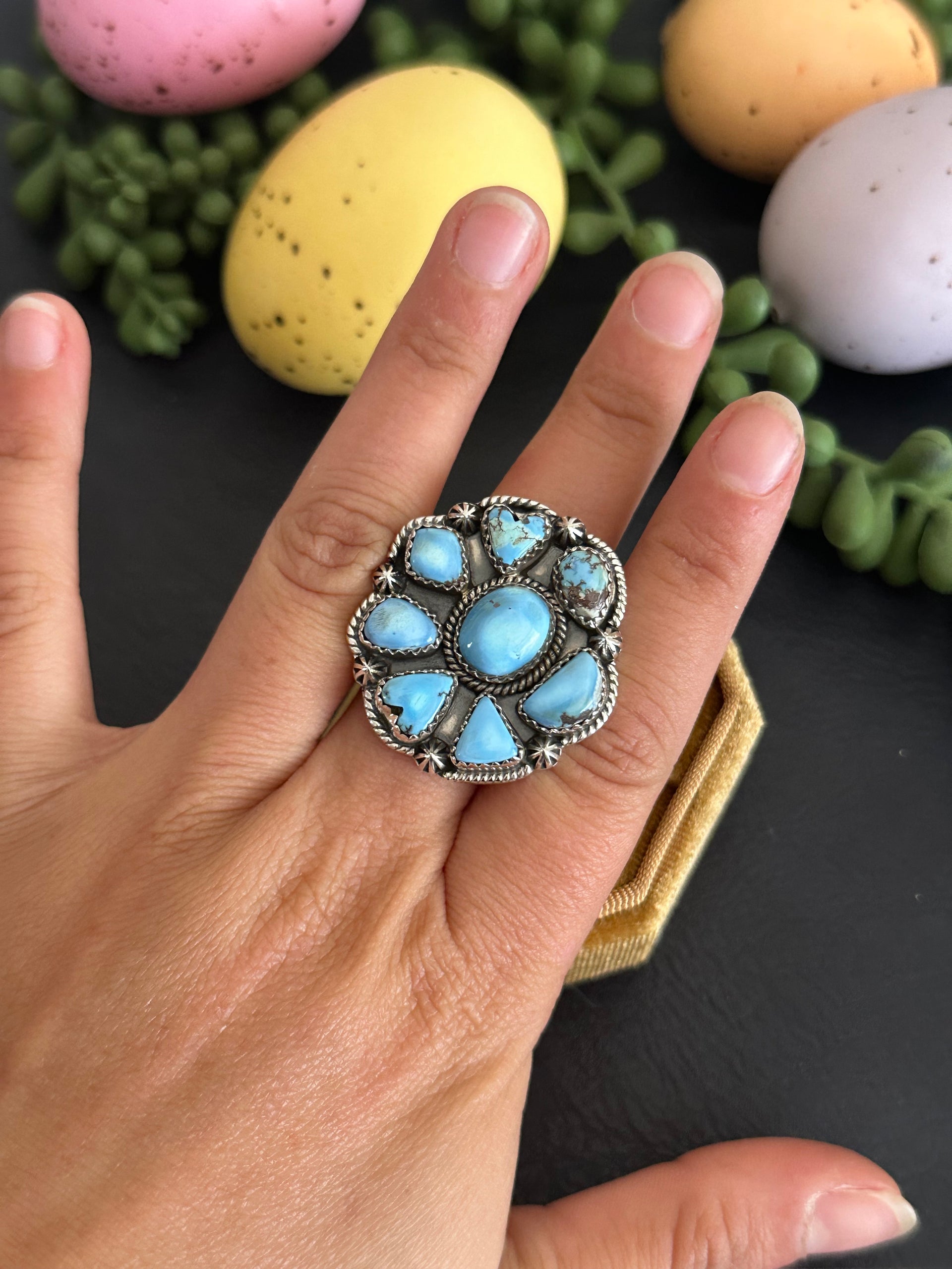 Southwest Handmade Golden Hills Turquoise & Sterling Silver Adjustable Cluster Ring
