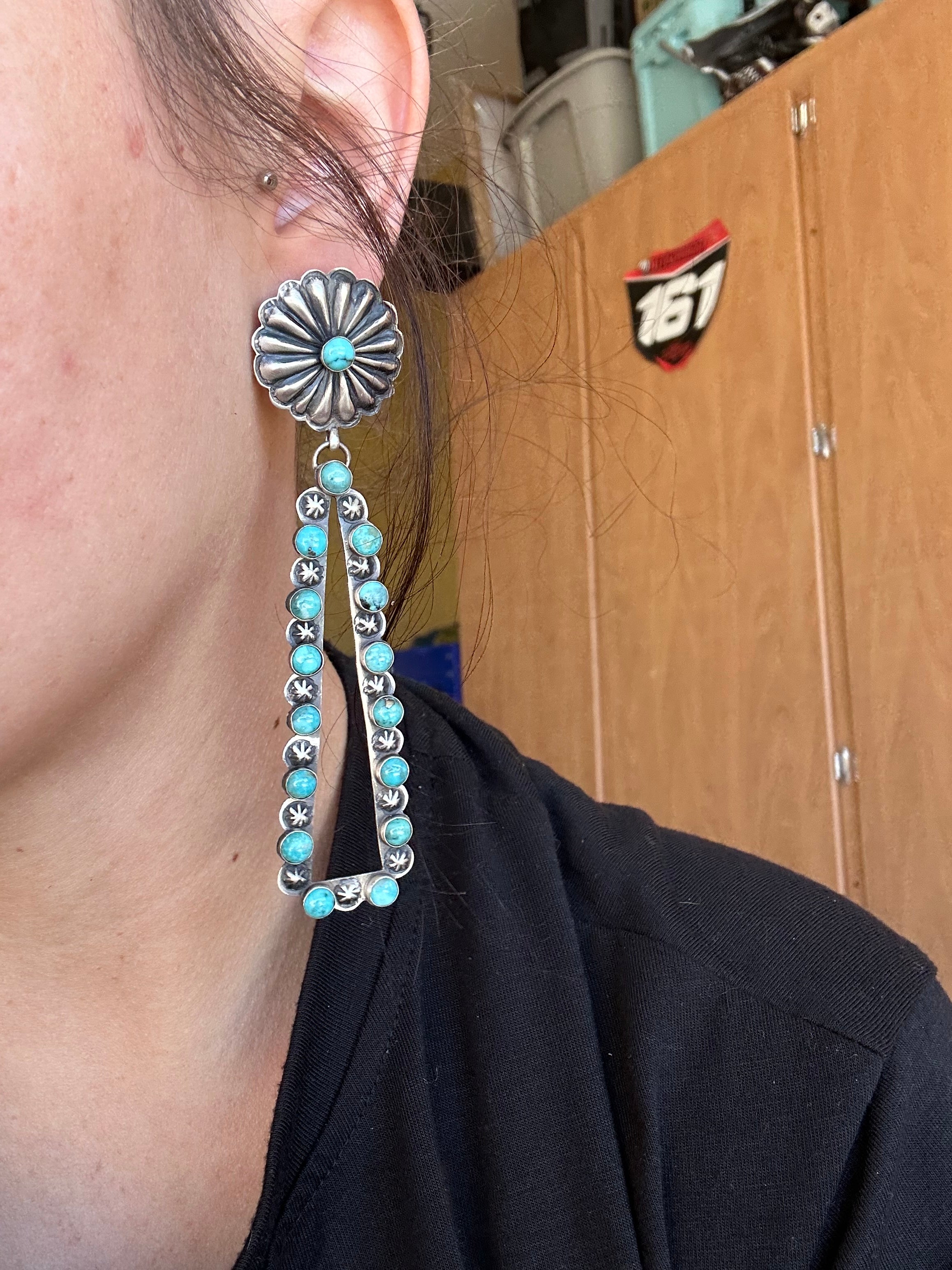 Navajo Made Kingman Turquoise & Sterling Silver Post Dangle Concho Earrings