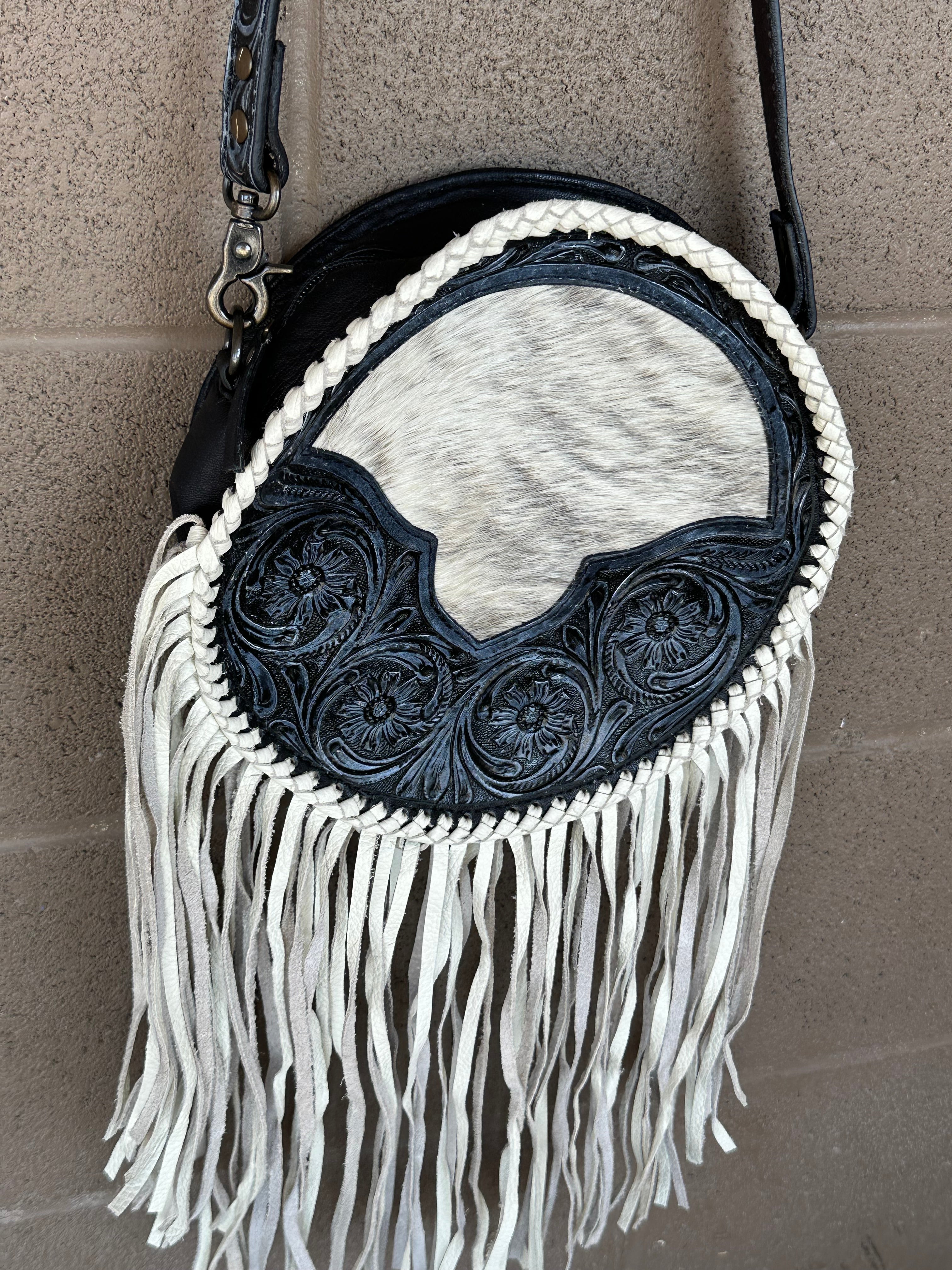 Genuine Tooled Leather & Cowhide Fringe Purse