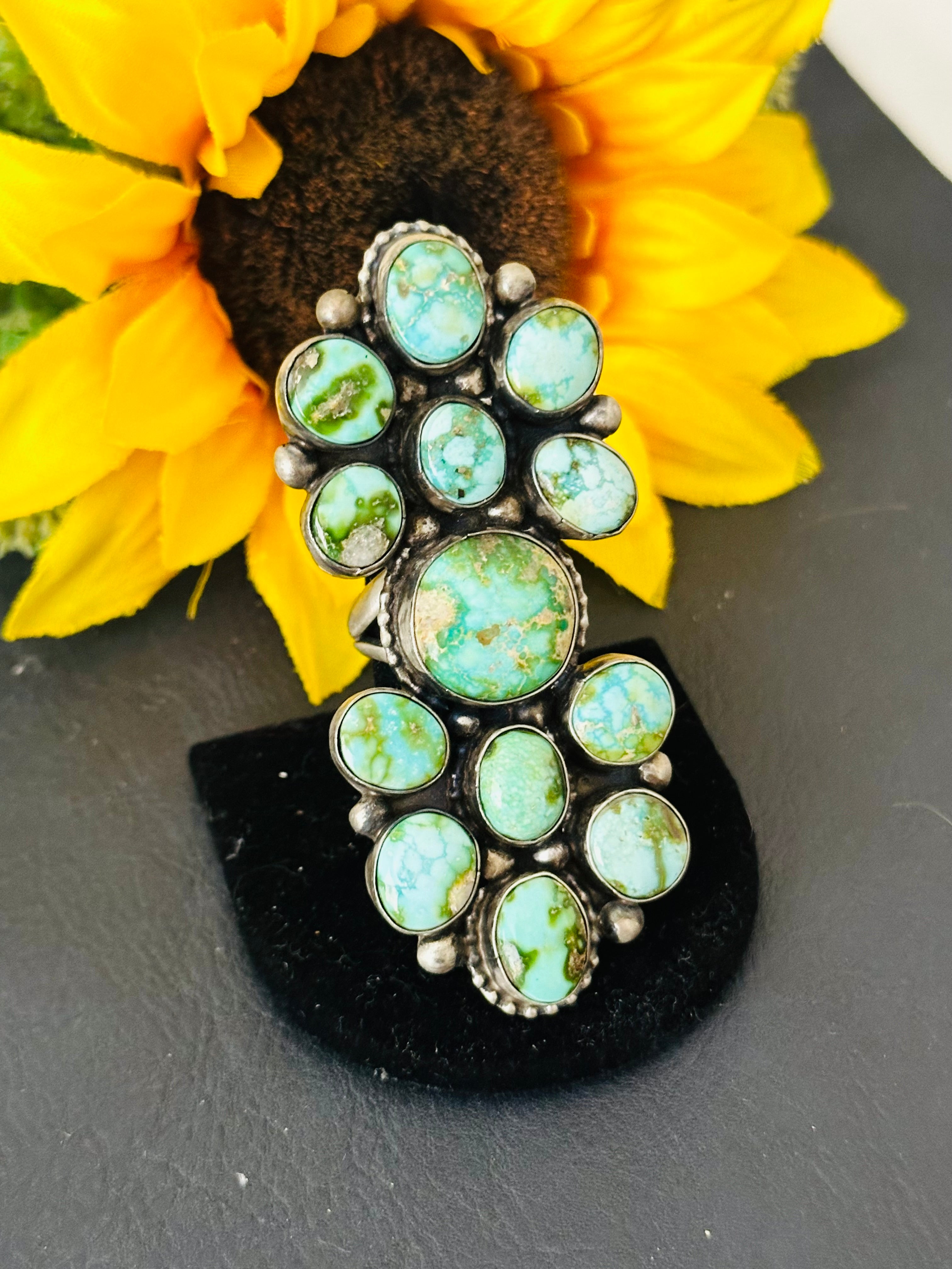 Navajo Handmade Sonoran Mountain Turquoise & Sterling Silver Cluster Ring Size 8.5