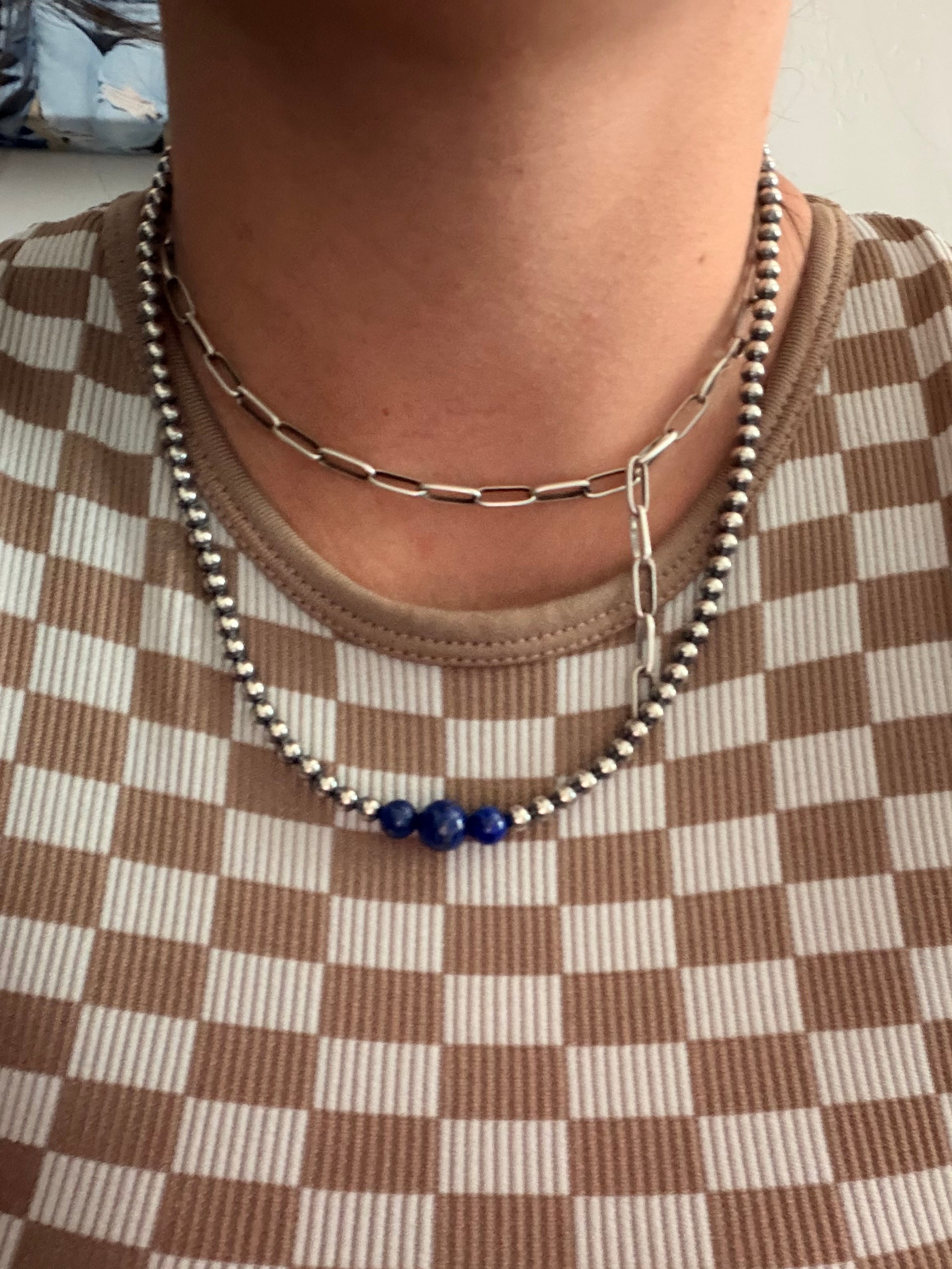 Navajo Strung Lapis & Sterling Silver Machine Made 18” Pearls Beaded Necklace