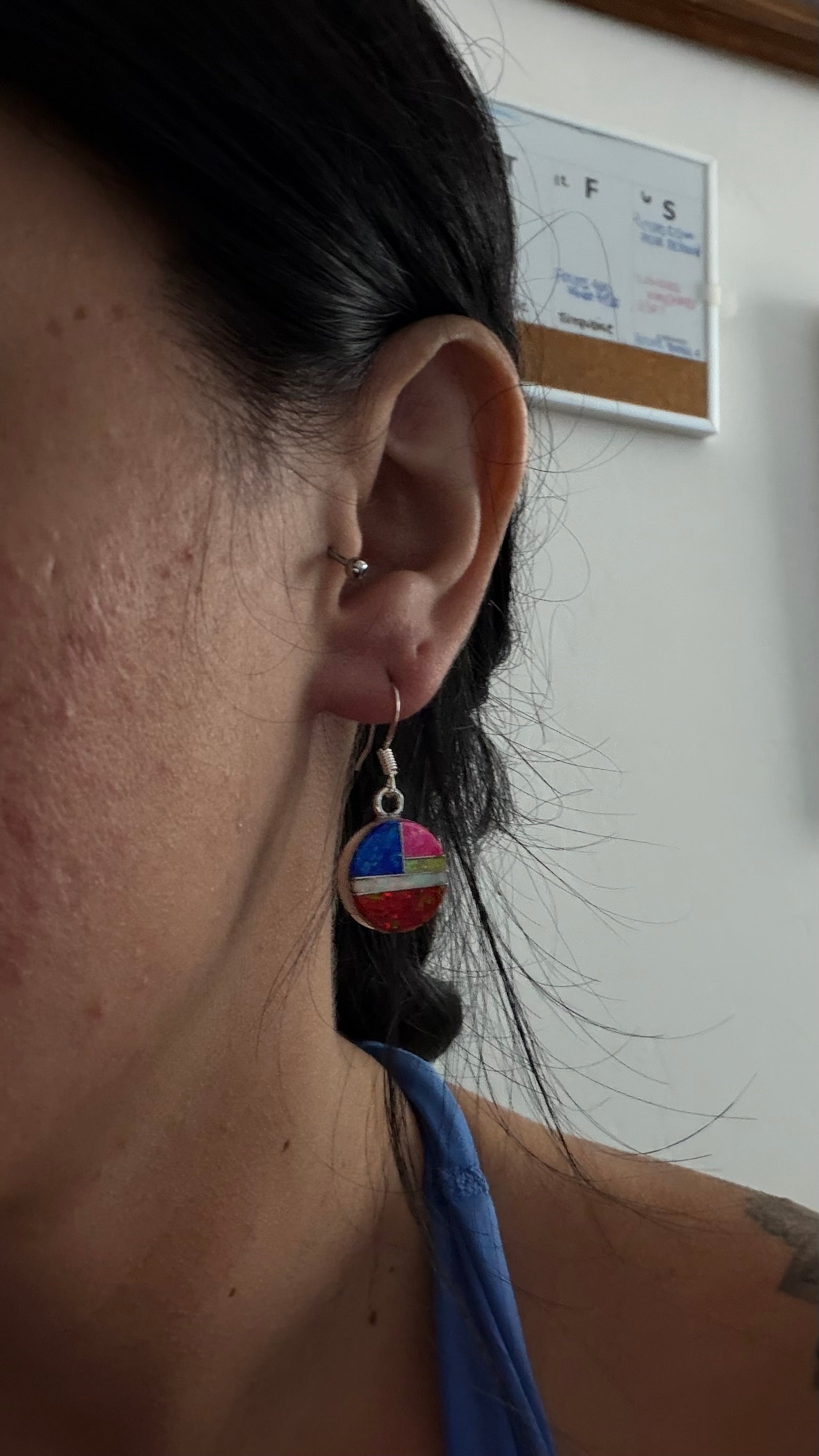 Navajo Made Opal (Man Made) & Sterling Silver Dangle Inlay Earrings