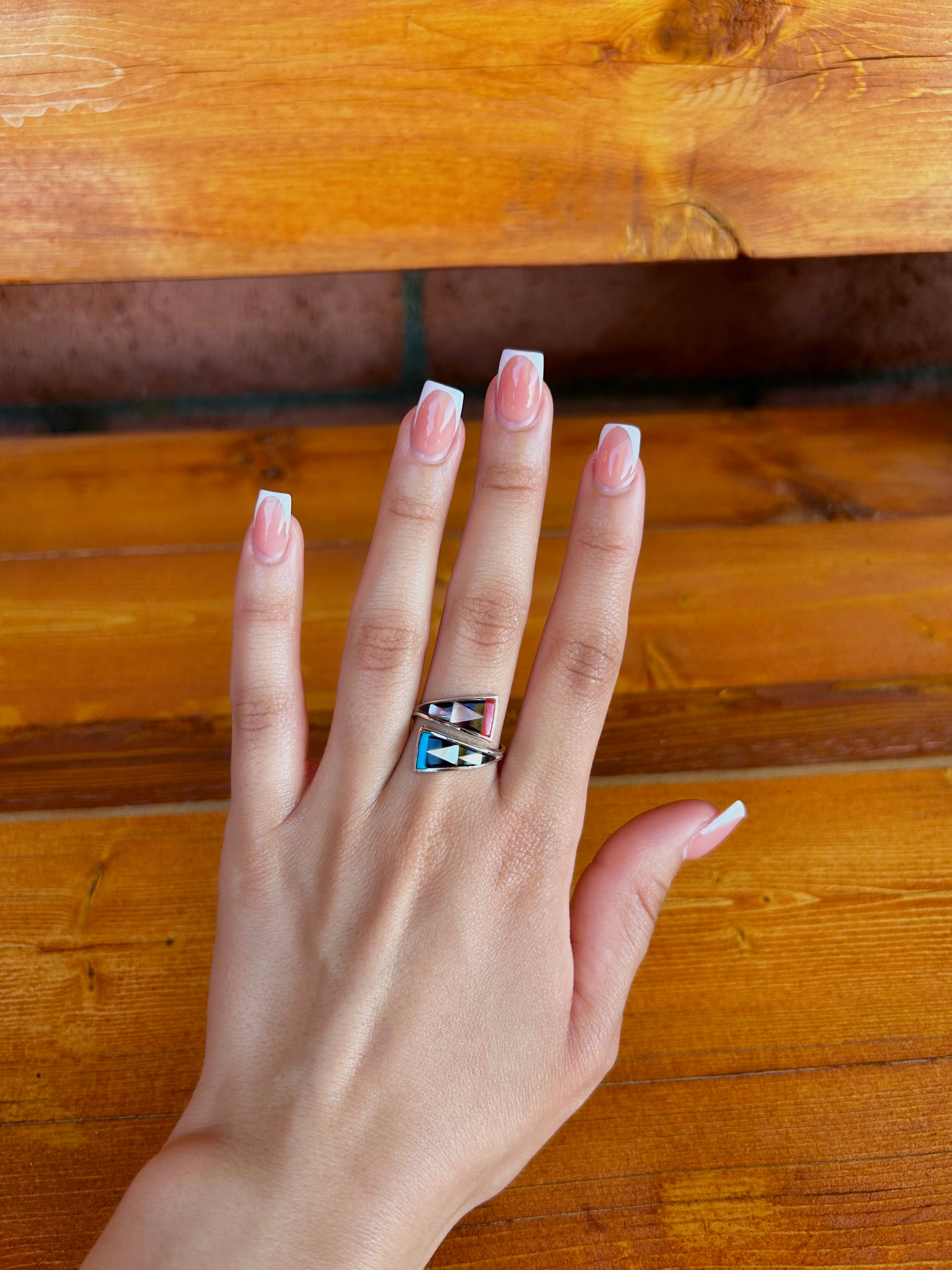 Zuni Multi Stone Inlay & Sterling Silver Ring Size 8.5
