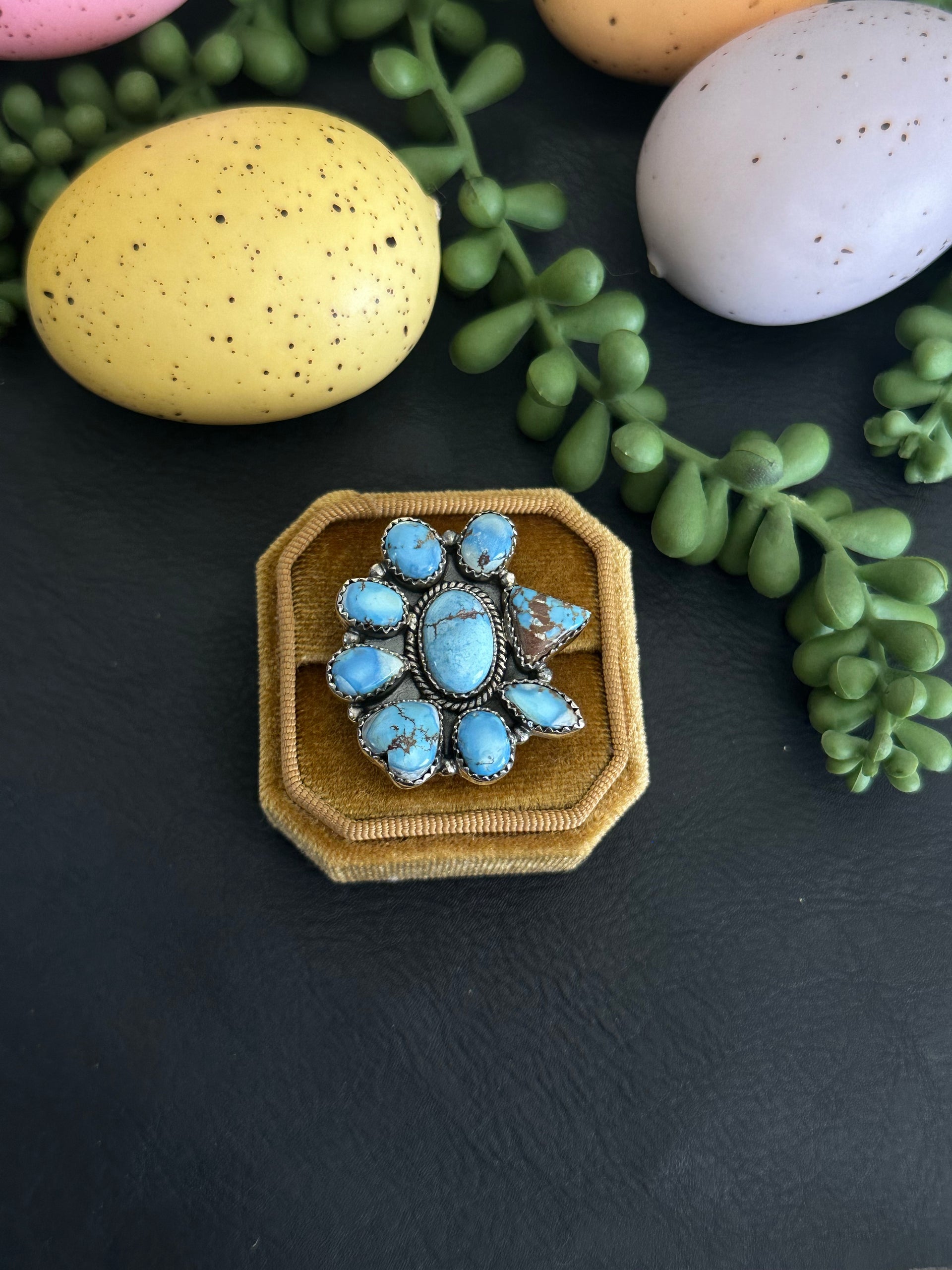 Southwest Handmade Golden Hills Turquoise & Sterling Silver Adjustable Cluster Ring