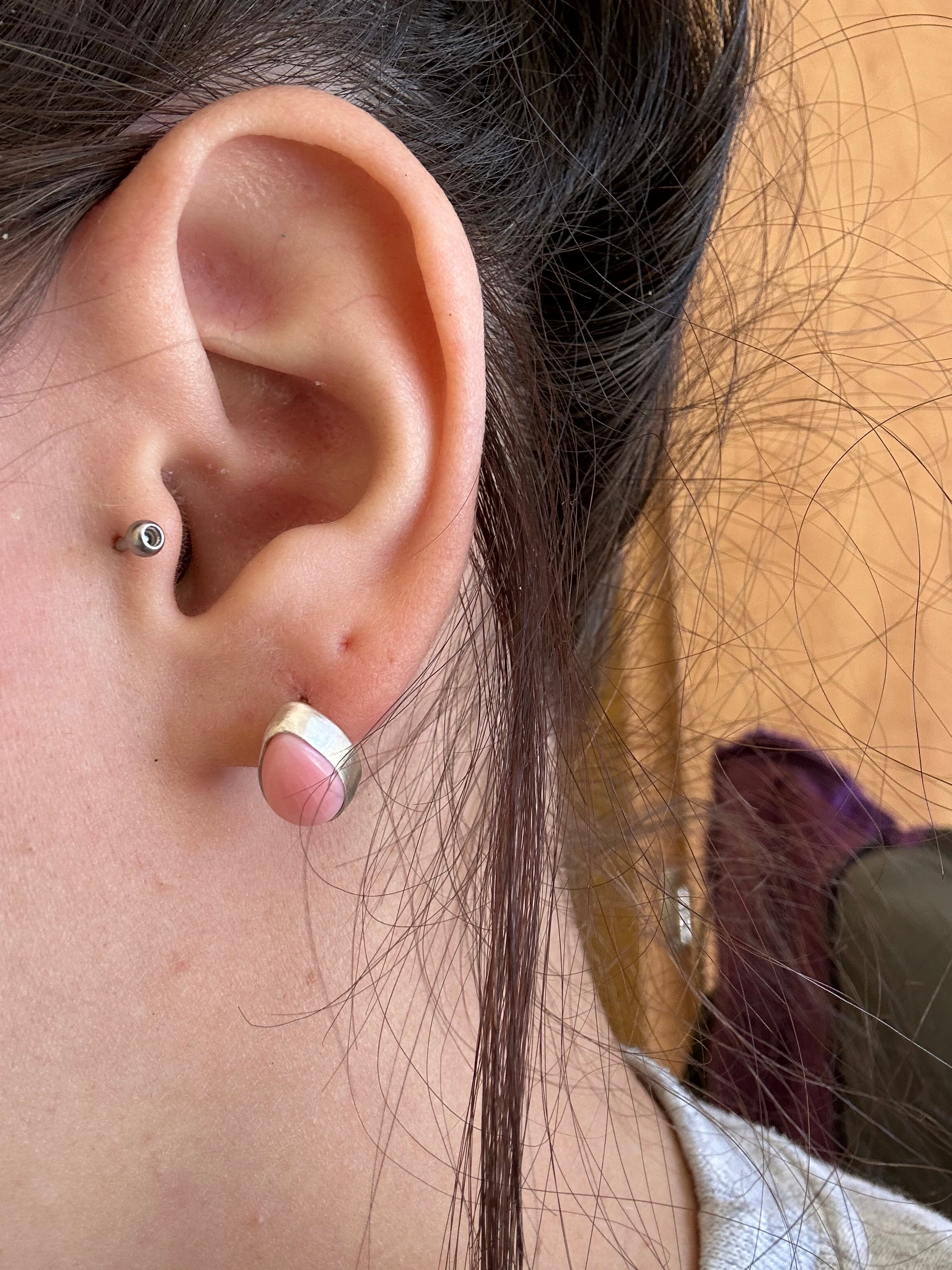 Navajo Made Pink Conch & Sterling Silver Post Tear Drop Earrings
