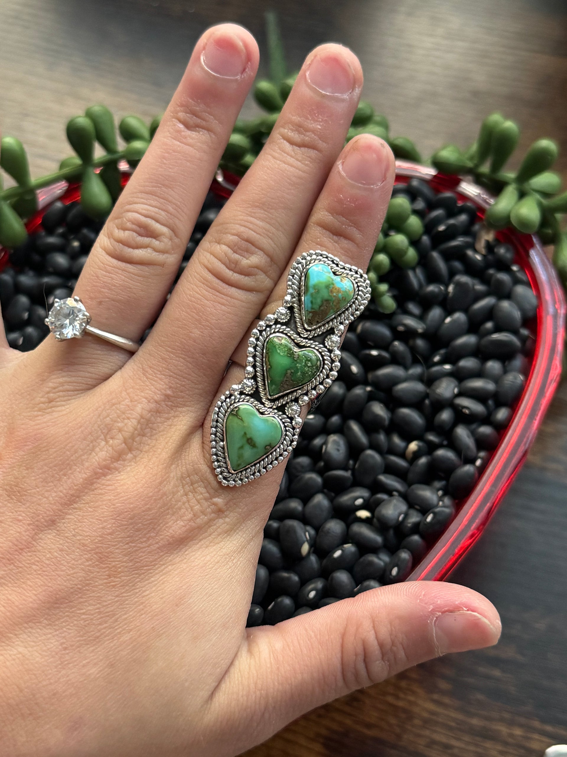 Southwest Handmade Sonoran Mountain Turquoise & Sterling Silver Adjustable Cluster Triple Heart Ring