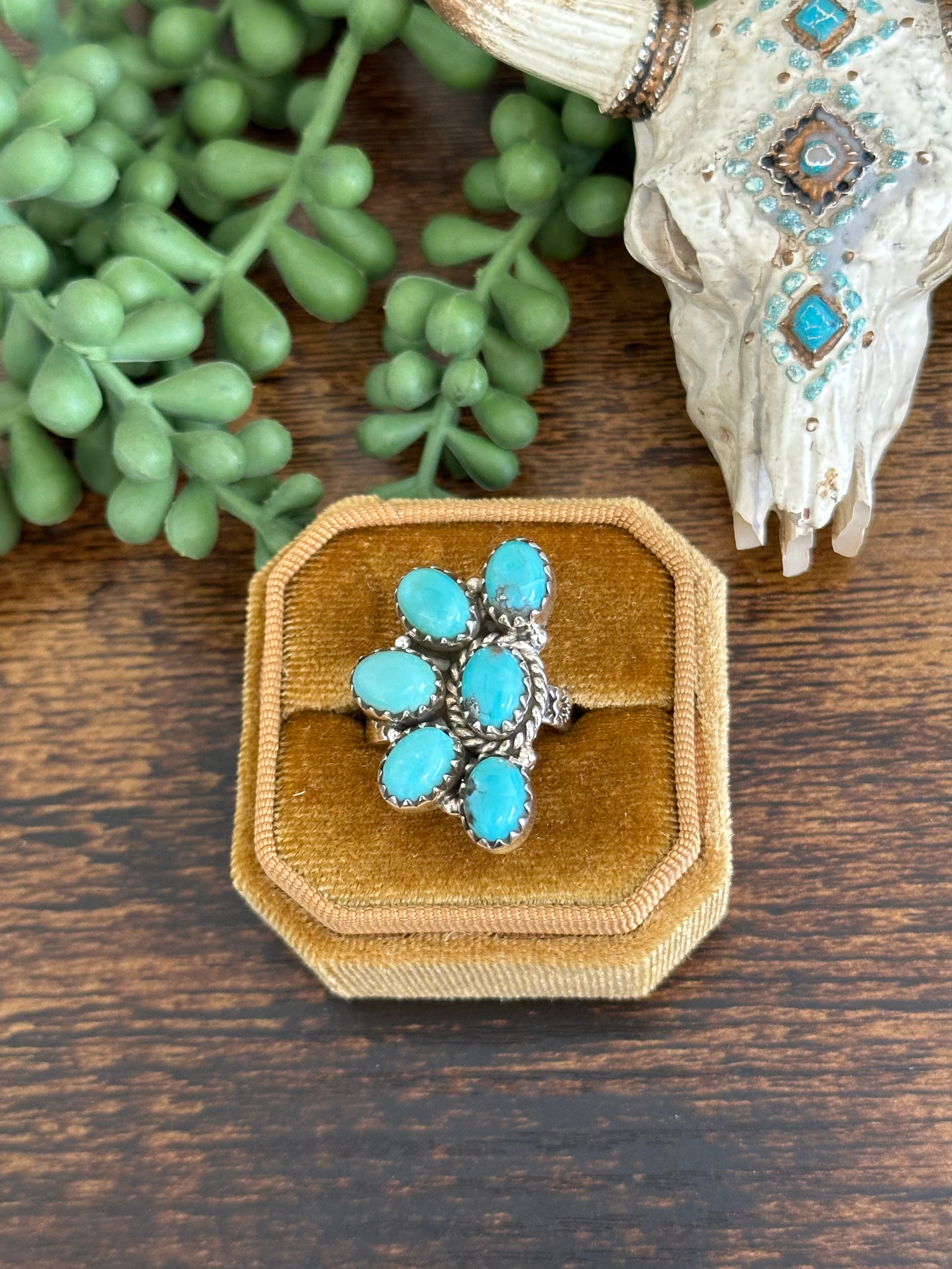 Southwest Handmade Kingman Turquoise & Sterling Silver Adjustable Cluster Ring