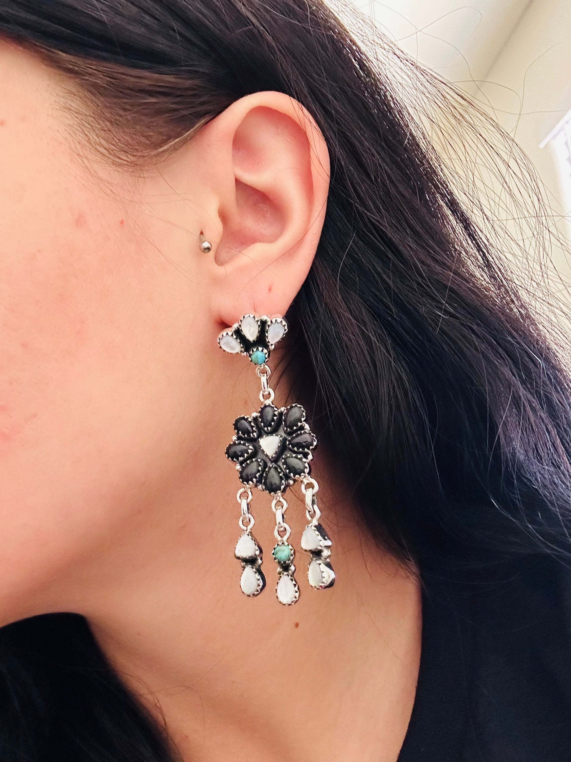 Southwest Handmade Multi Stone & Sterling Silver Post Dangle Earrings