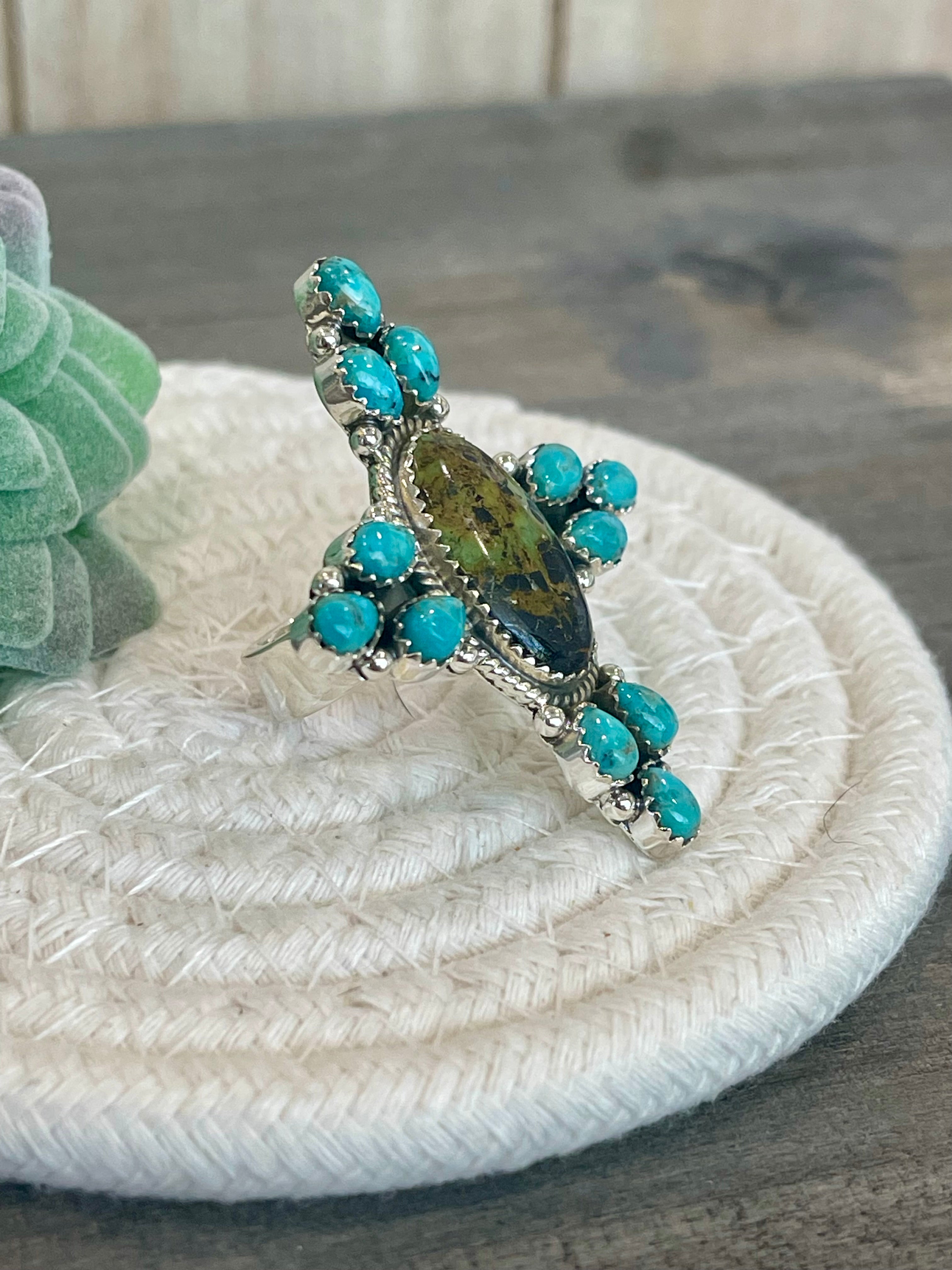 Southwest Handmade BlackJack Turquoise And Kingman Turquoise & Sterling Silver Adjustable Ring