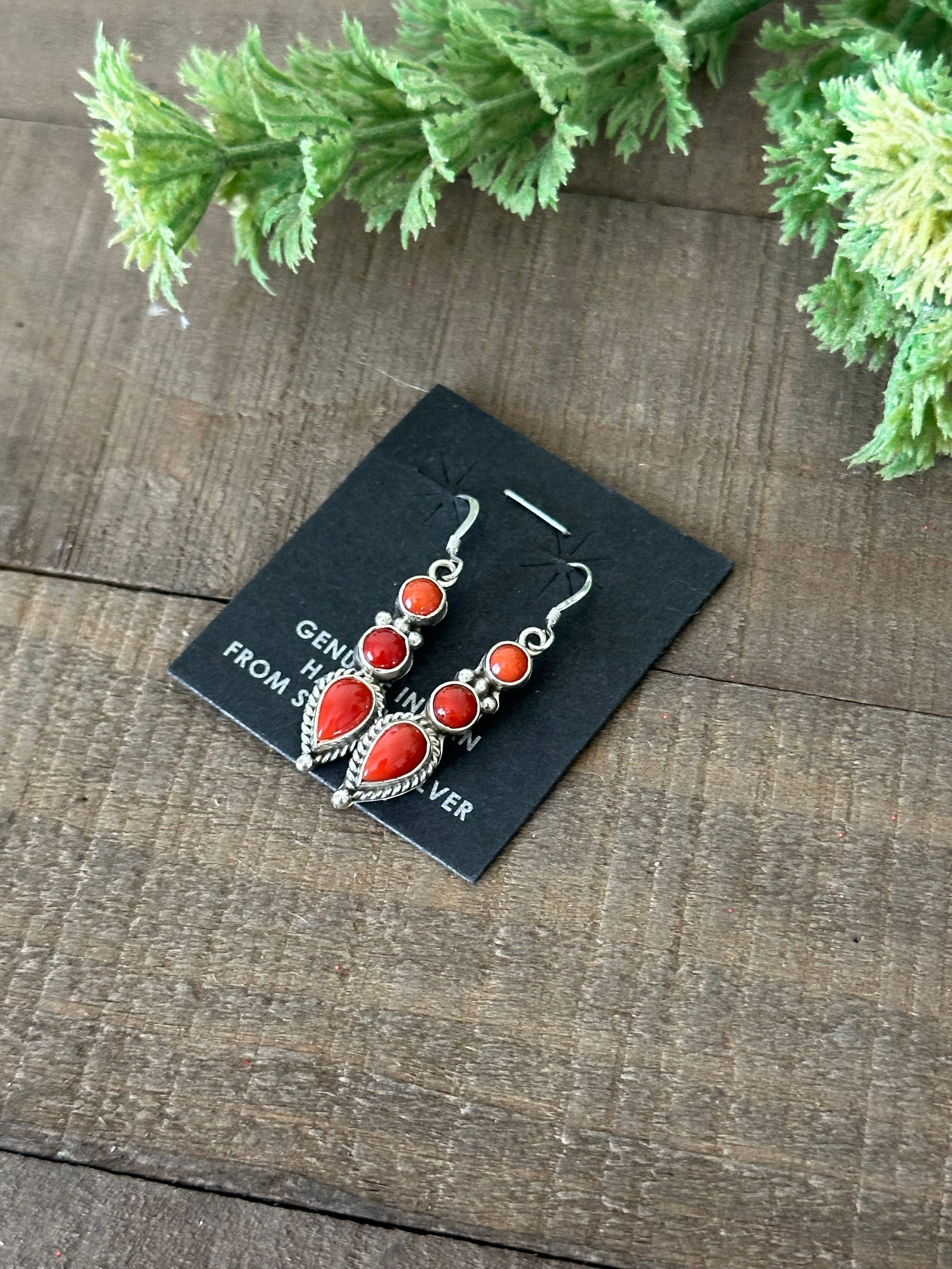 Navajo Made Coral & Sterling Silver Dangle Earrings