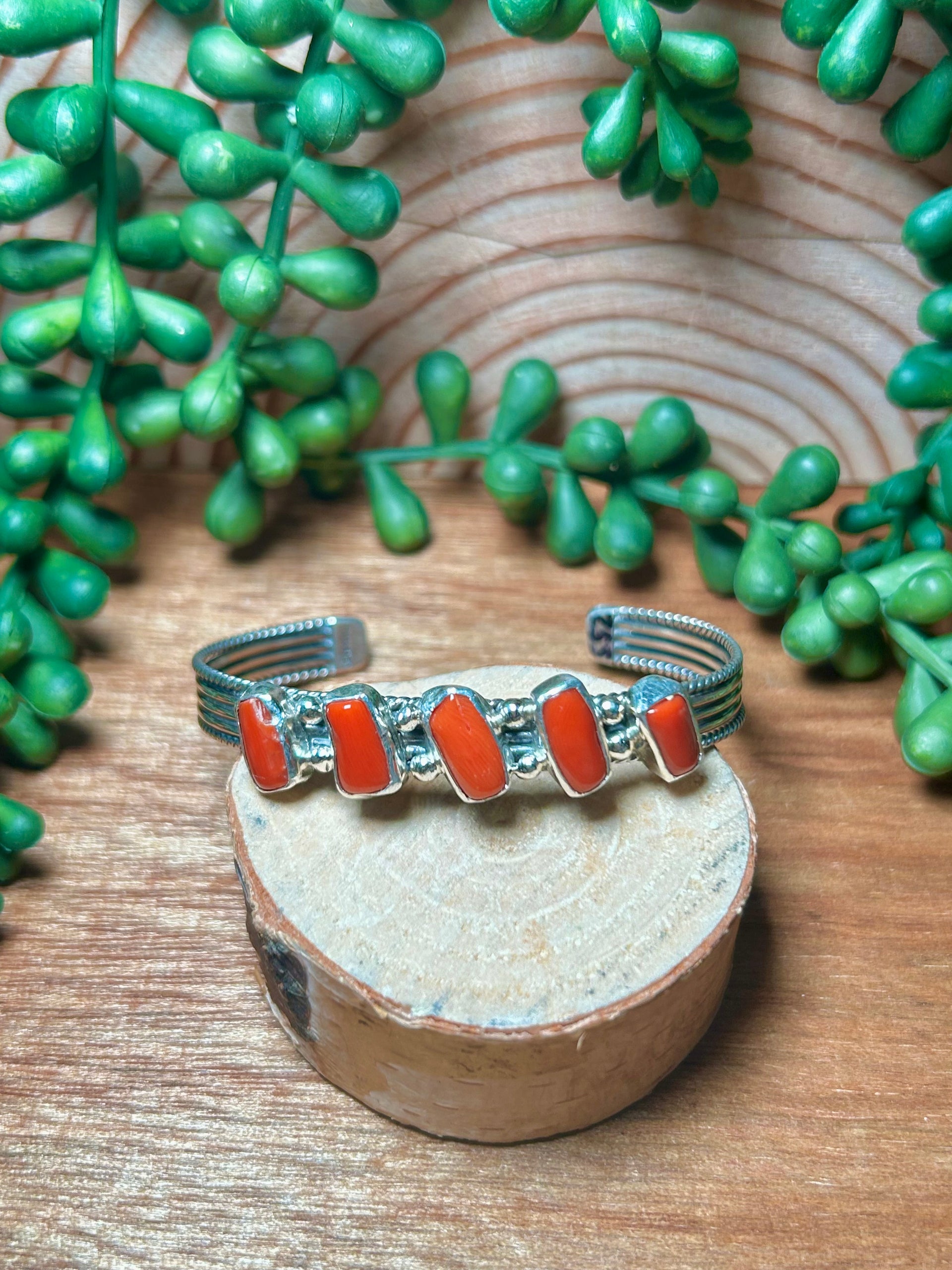 Navajo Made Red Coral & Sterling Silver Cuff Bracelet