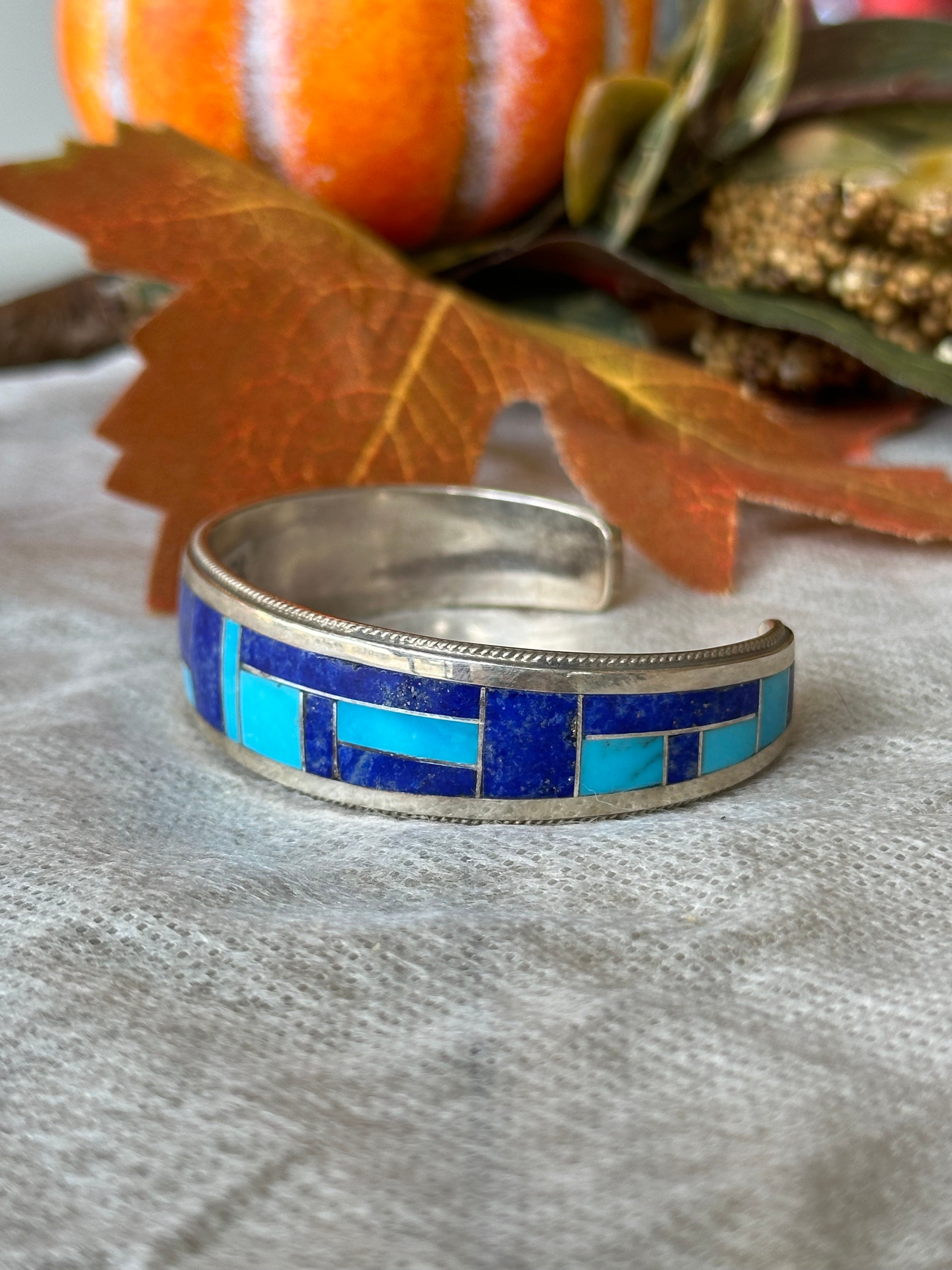 Navajo Made Multi Stone & Sterling Silver Inlay Cuff Bracelet