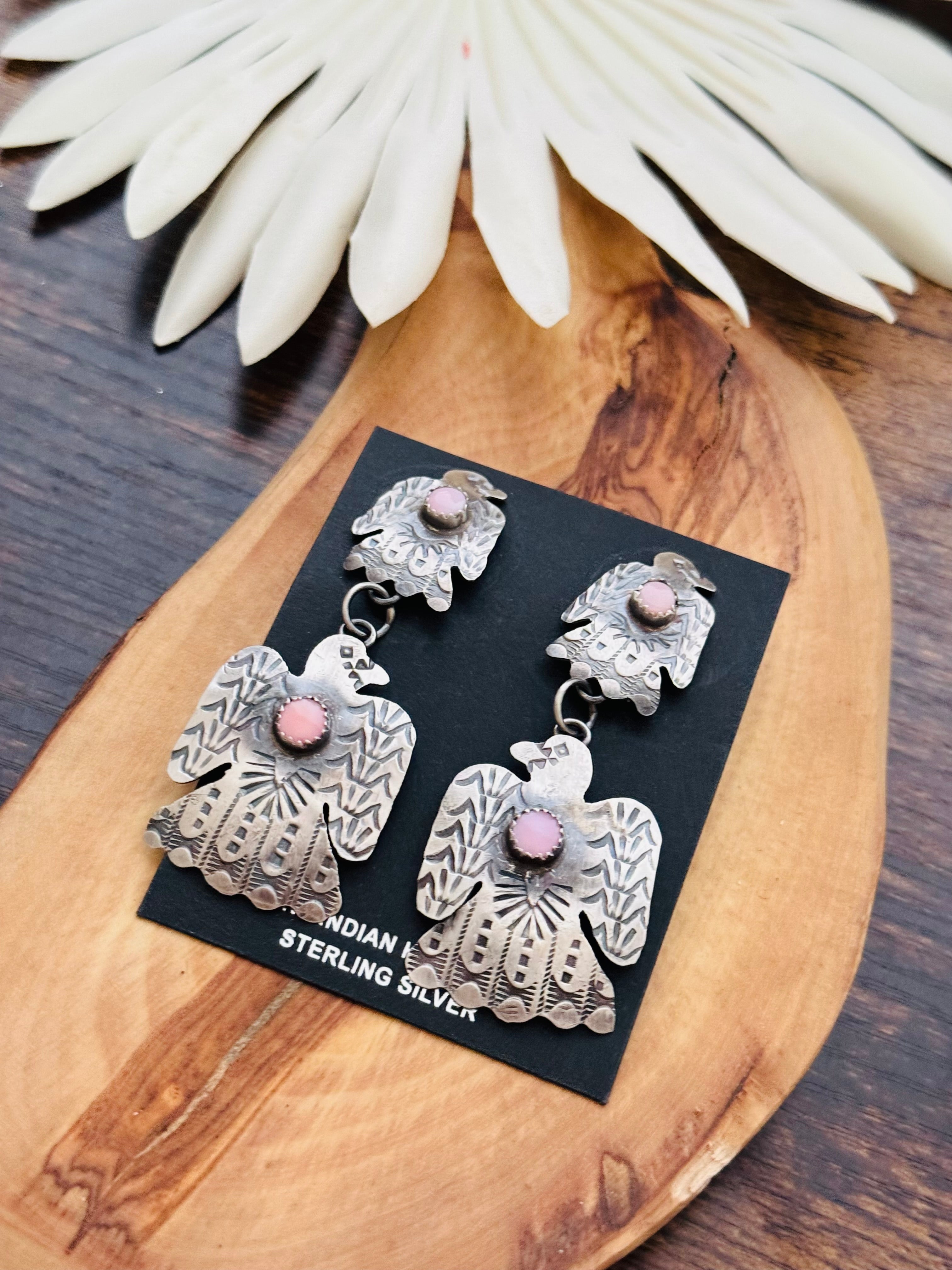 Tonya Yazzie Pink Conch & Sterling Silver Thunderbird Post Dangle Earrings