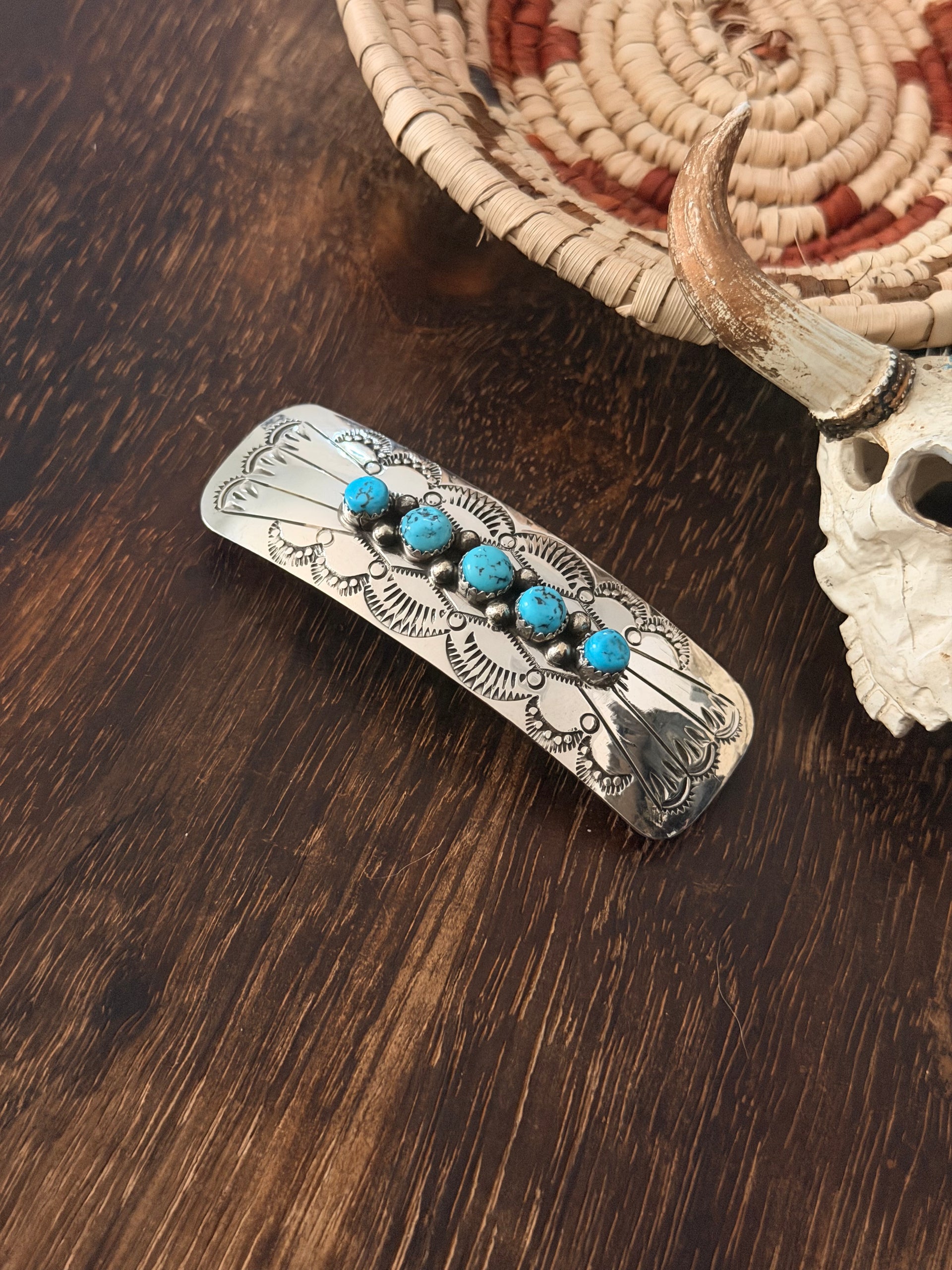 Navajo Made Kingman Turquoise & Sterling Silver Hair Barrette