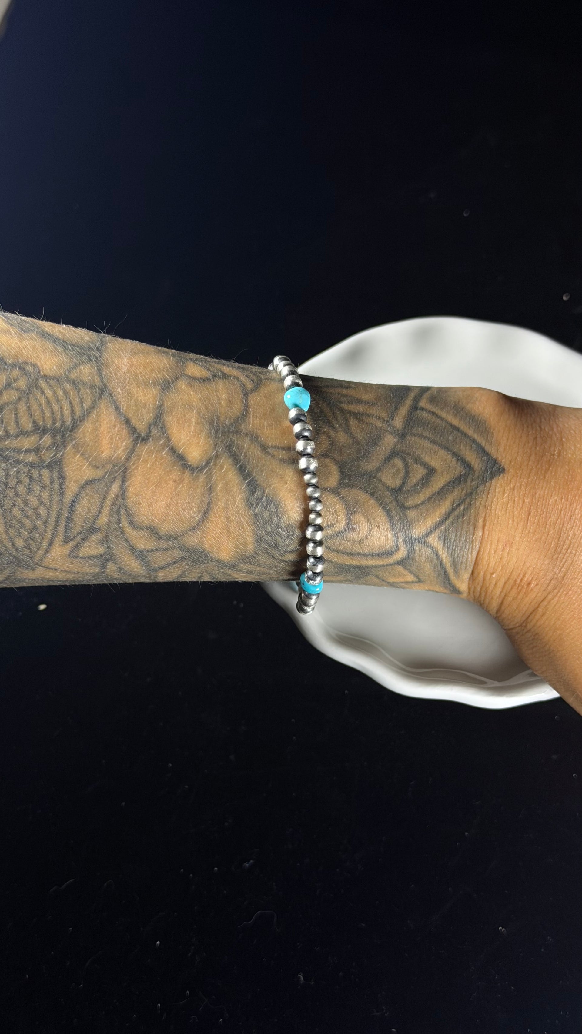 Navajo Strung Kingman Turquoise & Sterling Silver Pearl Beaded Stretch Bracelet