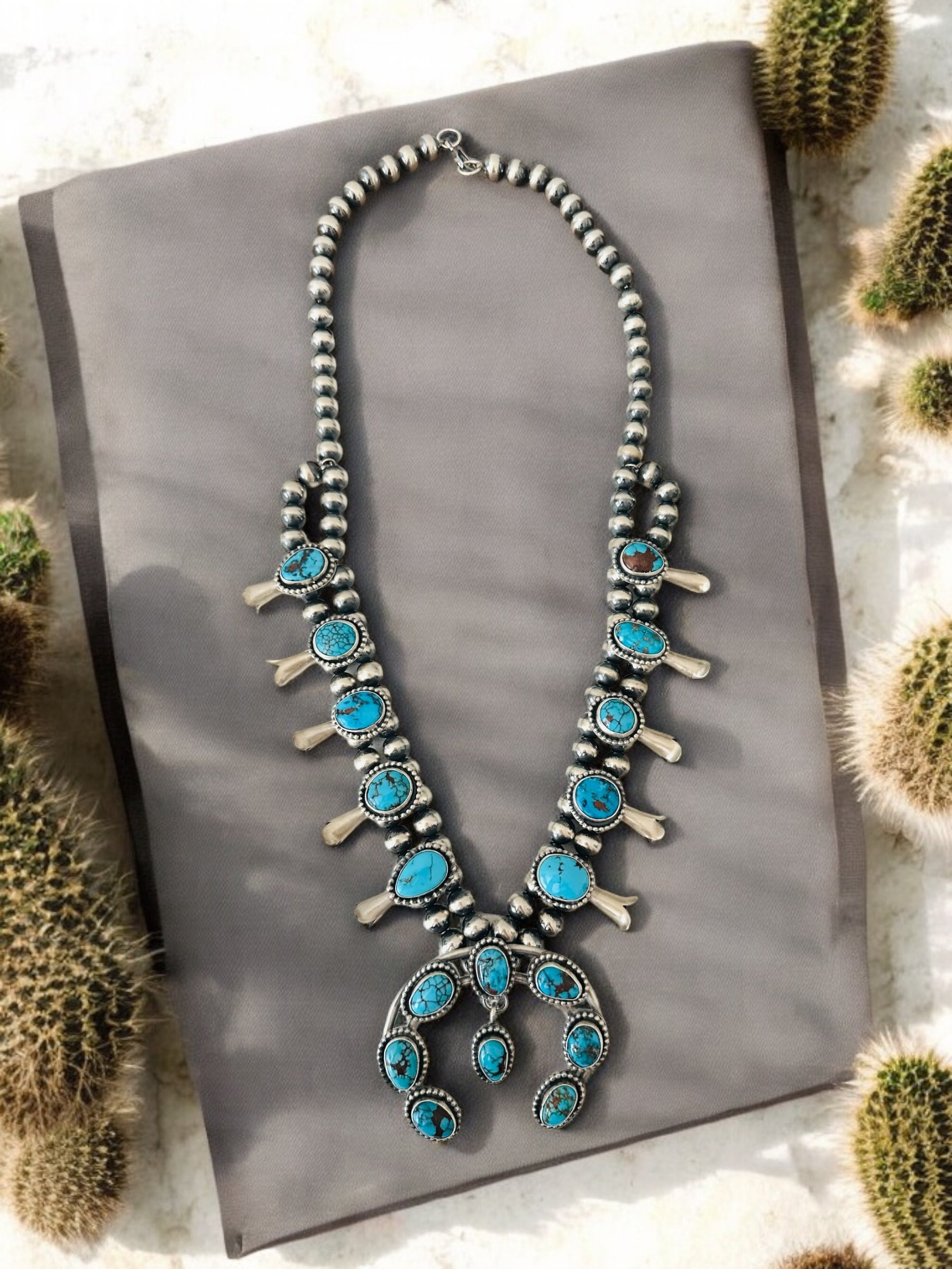 Gilbert Nez Egyptian Prince Turquoise & Sterling Silver Squash Blossom Necklace