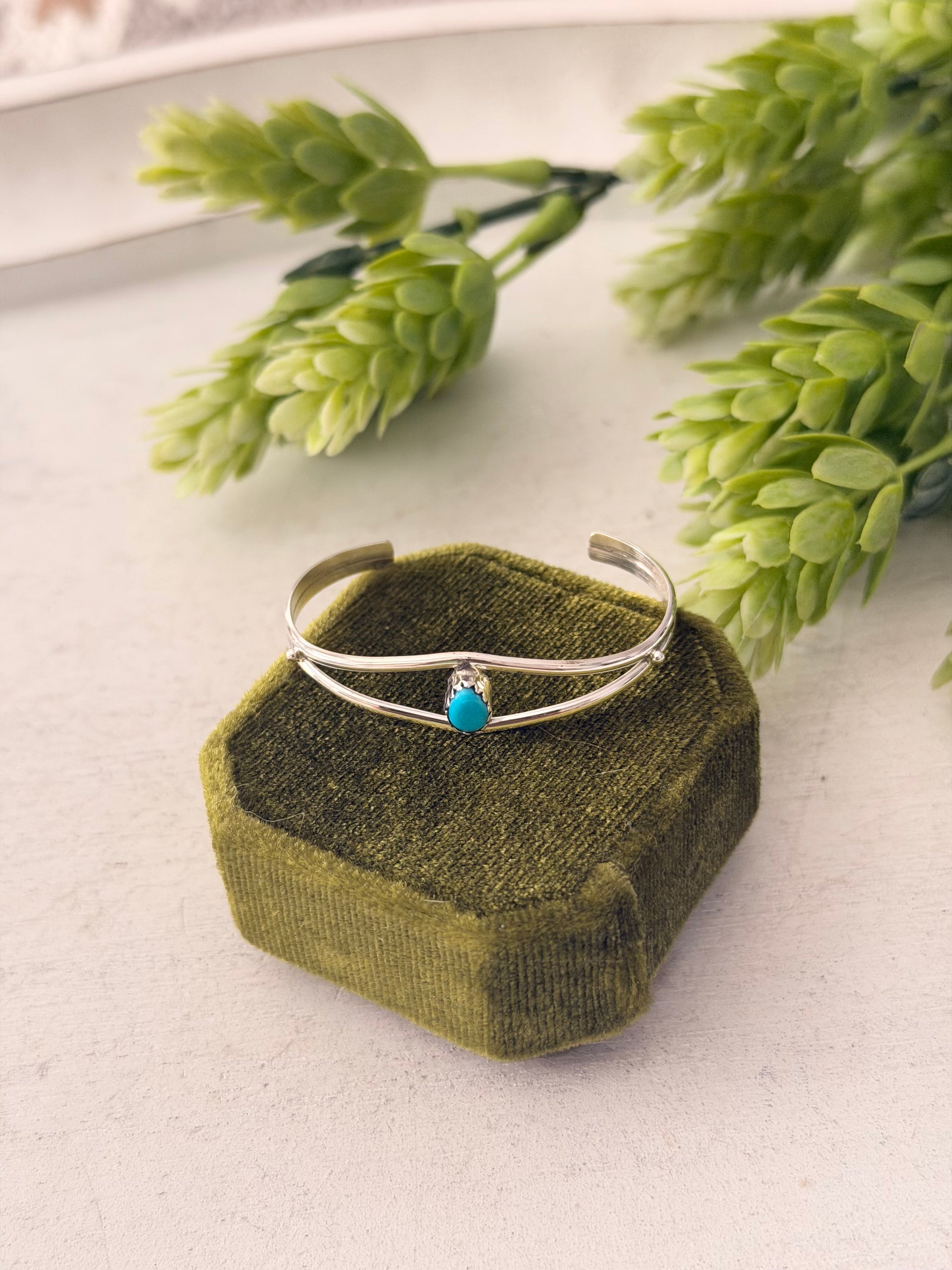 Navajo Made Kingman Turquoise & Sterling Silver Baby Cuff Bracelet