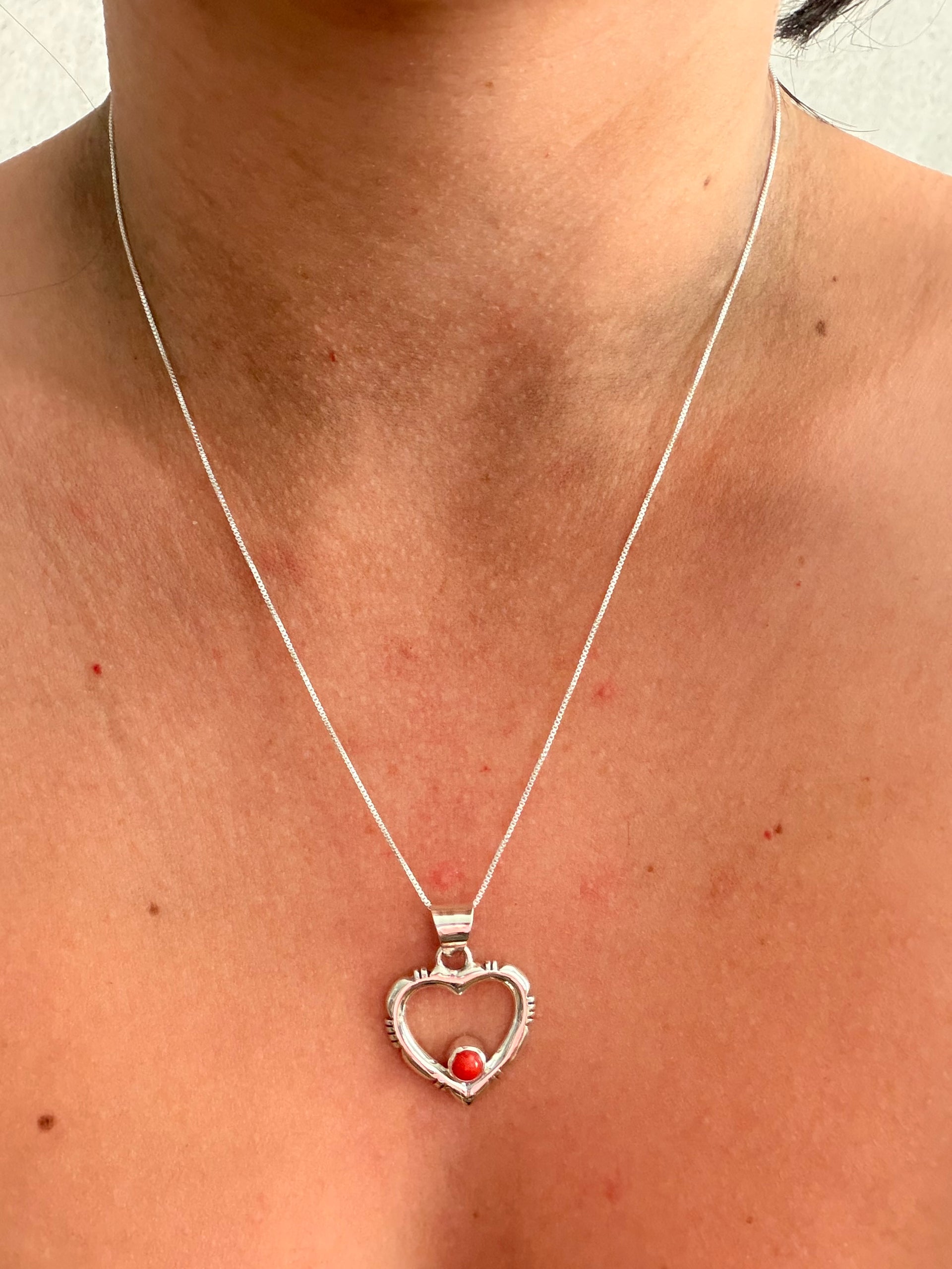 Navajo Made Coral & Sterling Silver Heart Necklace/Pendant