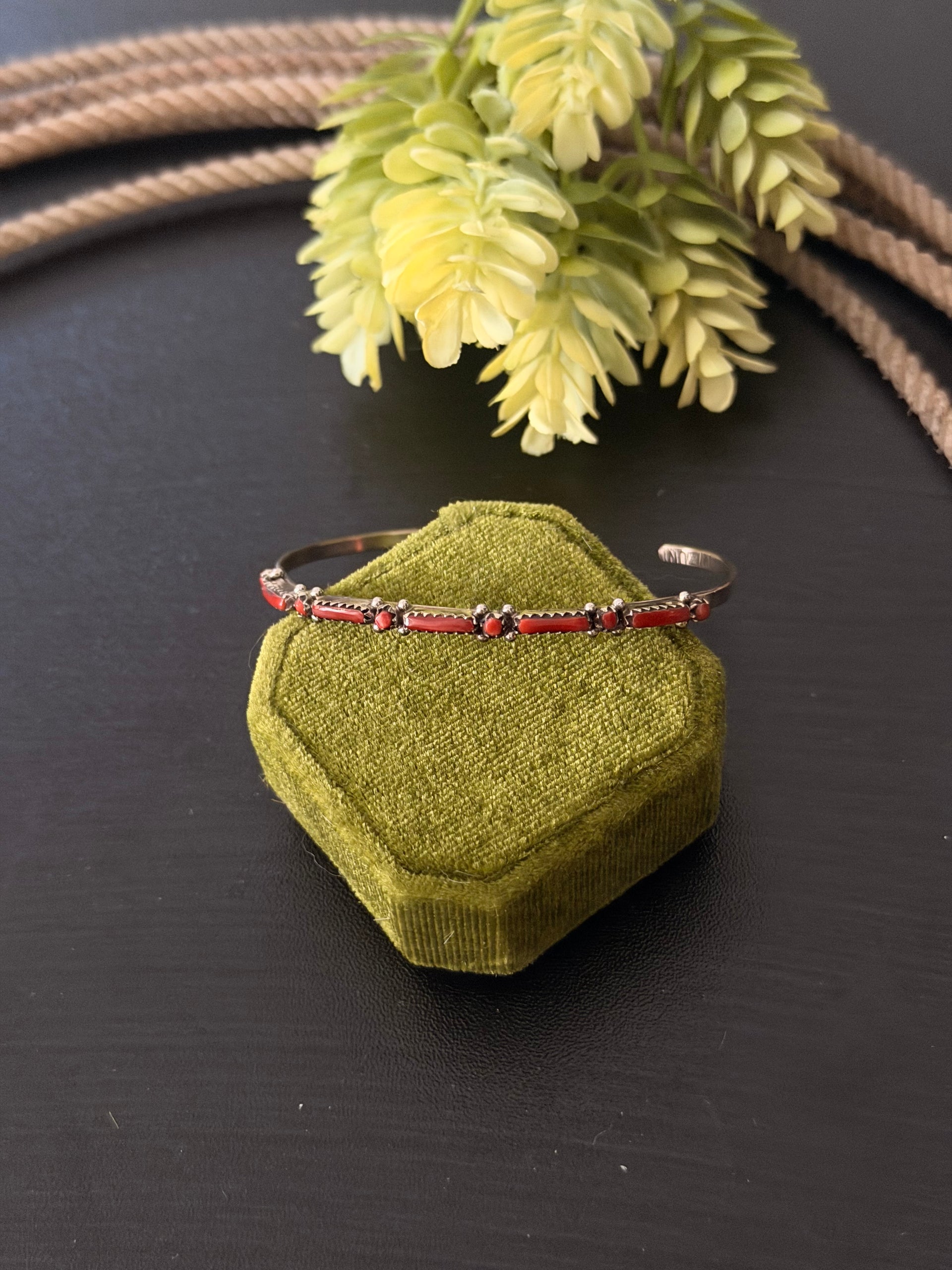 Zuni Made Coral & Sterling Silver Needlepoint Cuff Bracelet