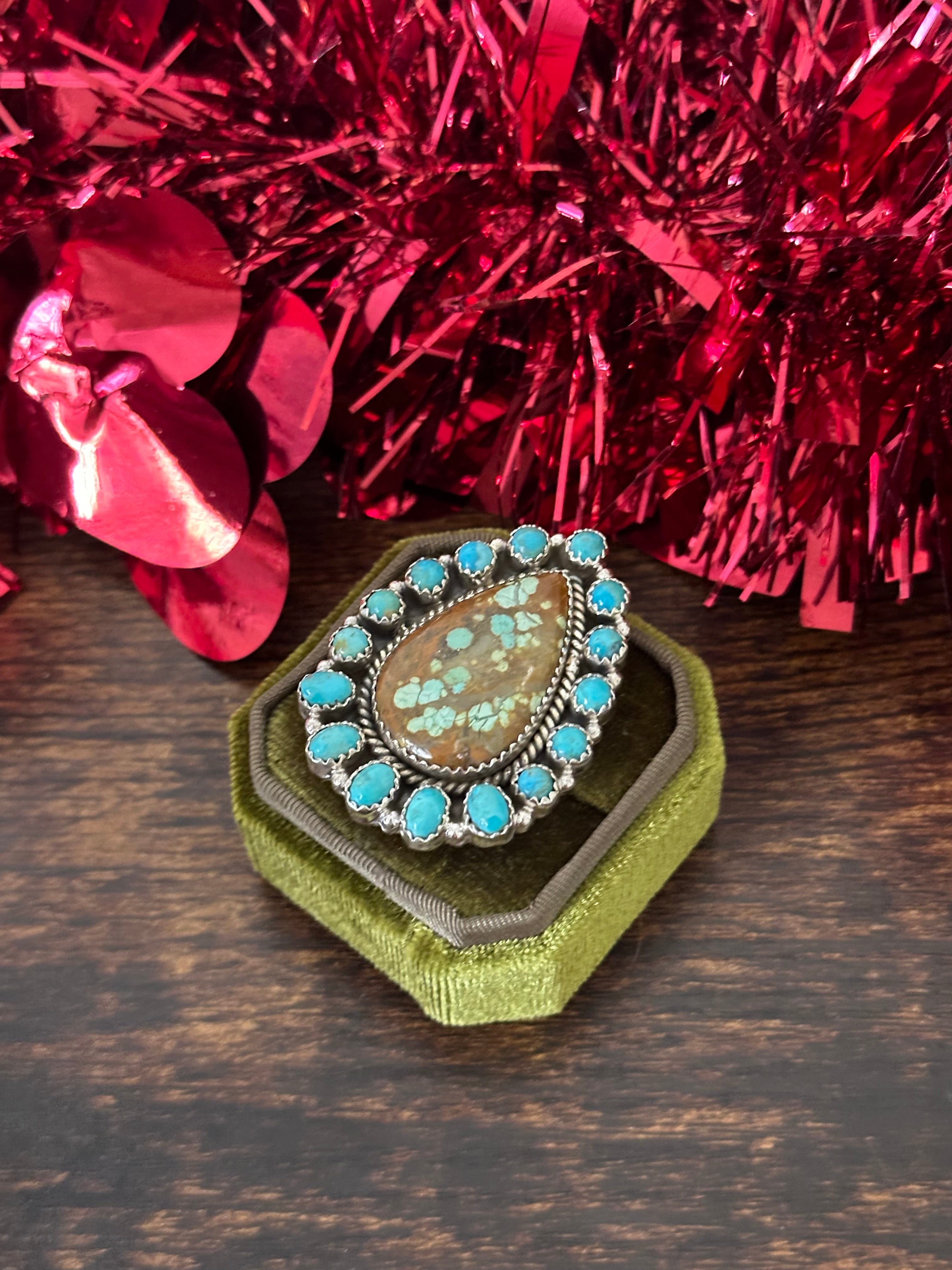 Southwest Handmade Multi Turquoise & Sterling Silver Cluster Adjustable Ring