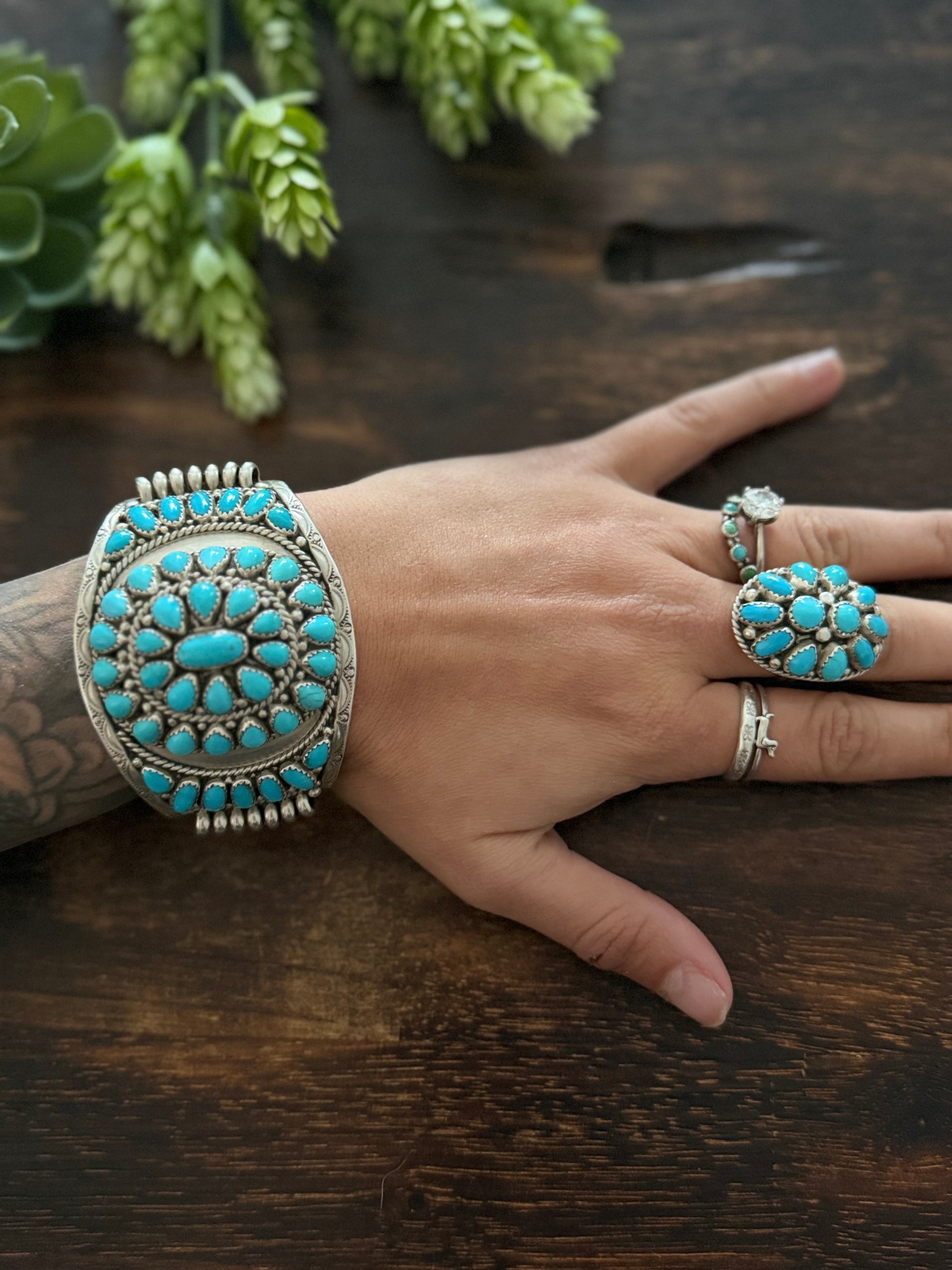 Nora Tsoshe Kingman Turquoise & Sterling Silver Cuff Bracelet & Ring Size 7.5 Set