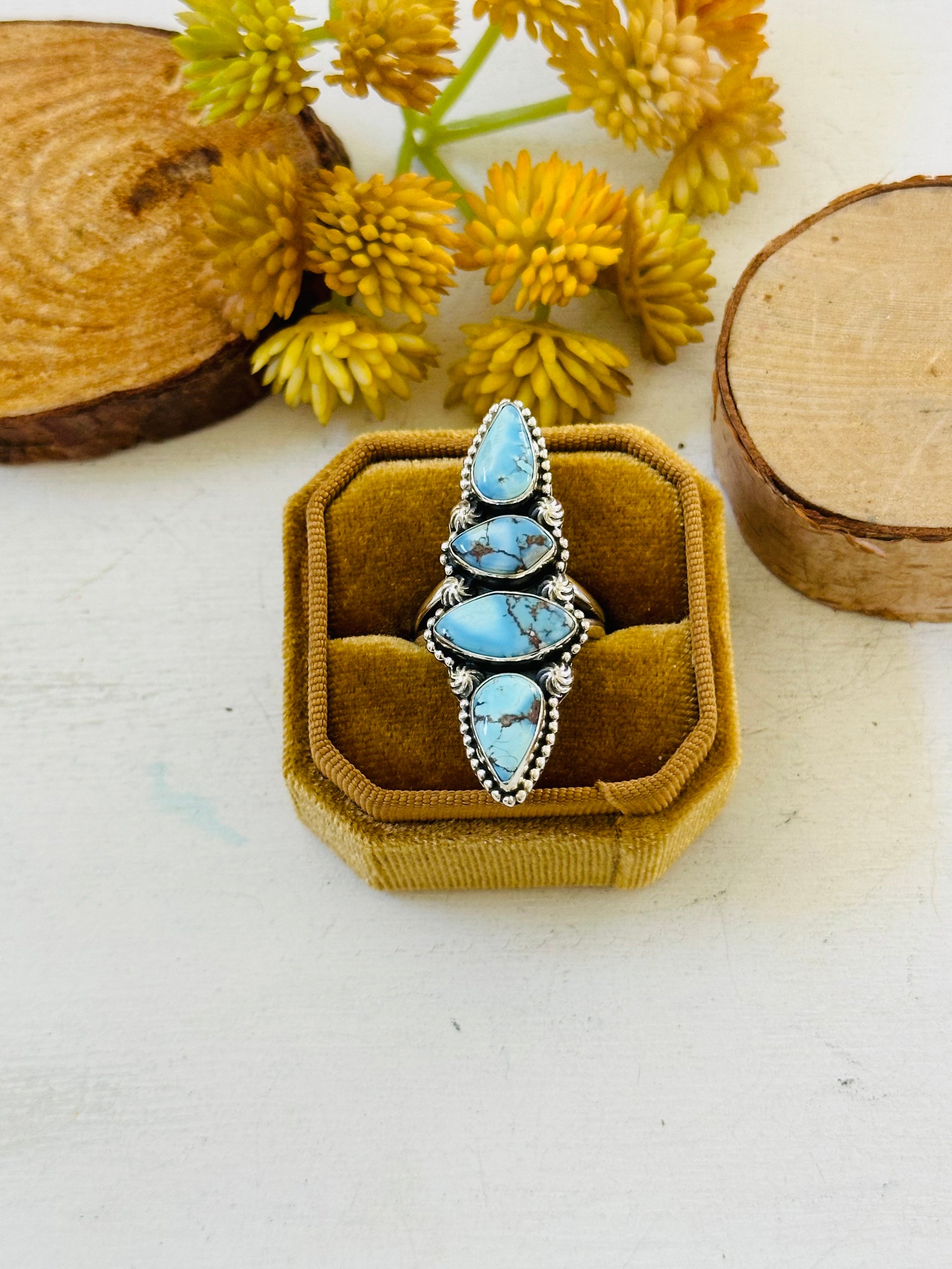 Southwest Handmade Golden Hills Turquoise & Sterling Silver Ring Size 9
