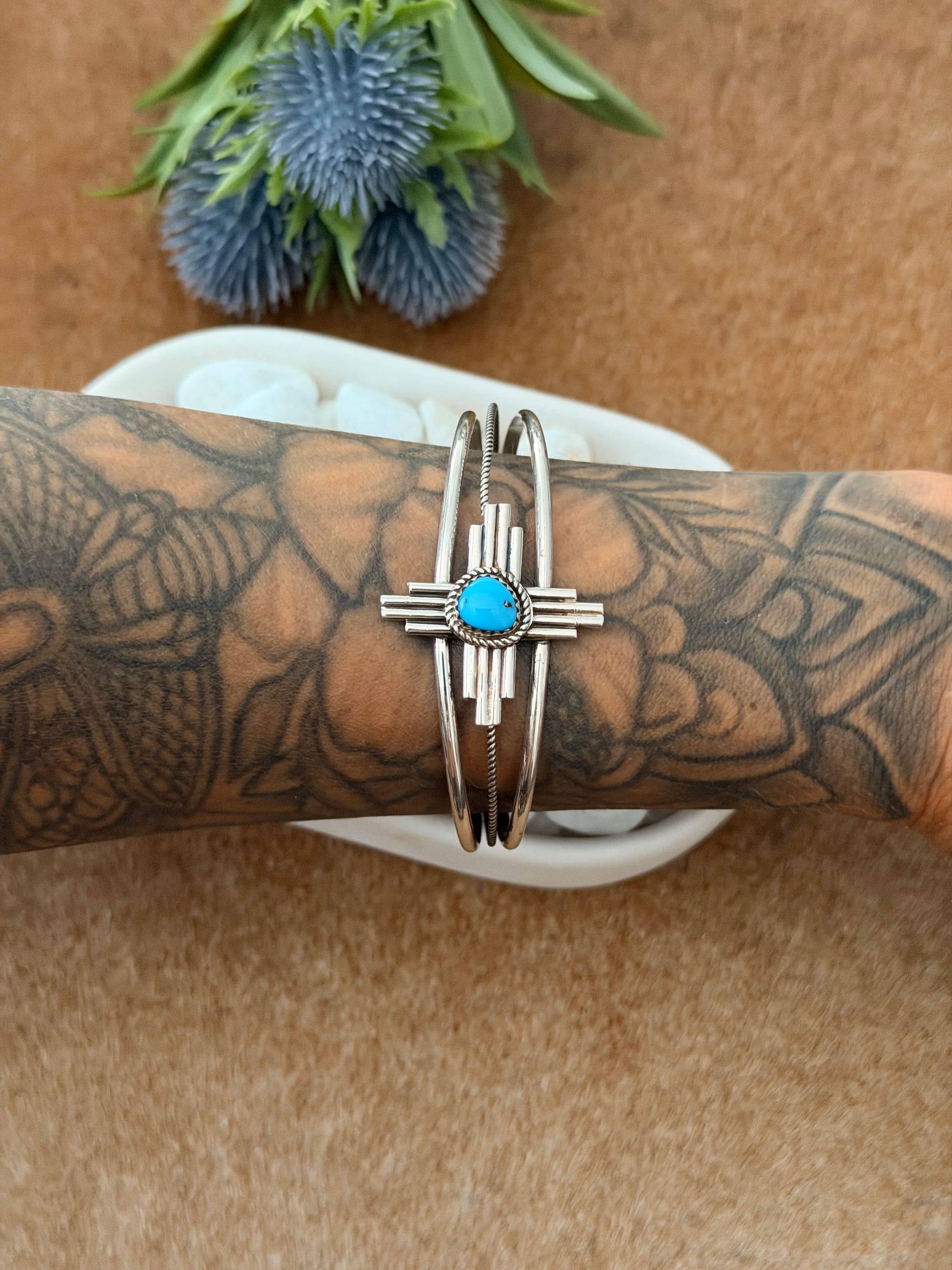 Navajo Made Kingman Turquoise & Sterling Silver Zia Cuff Bracelet