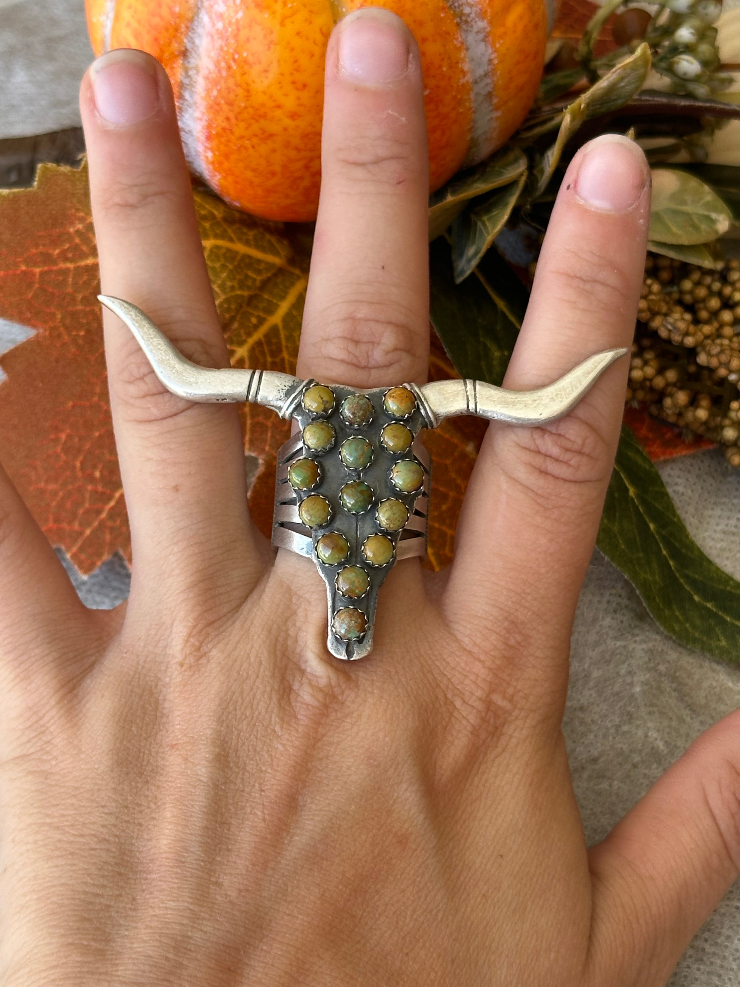 Patrick Yazzie Royston Turquoise & Sterling Silver Bull Skull Ring Size 8.25
