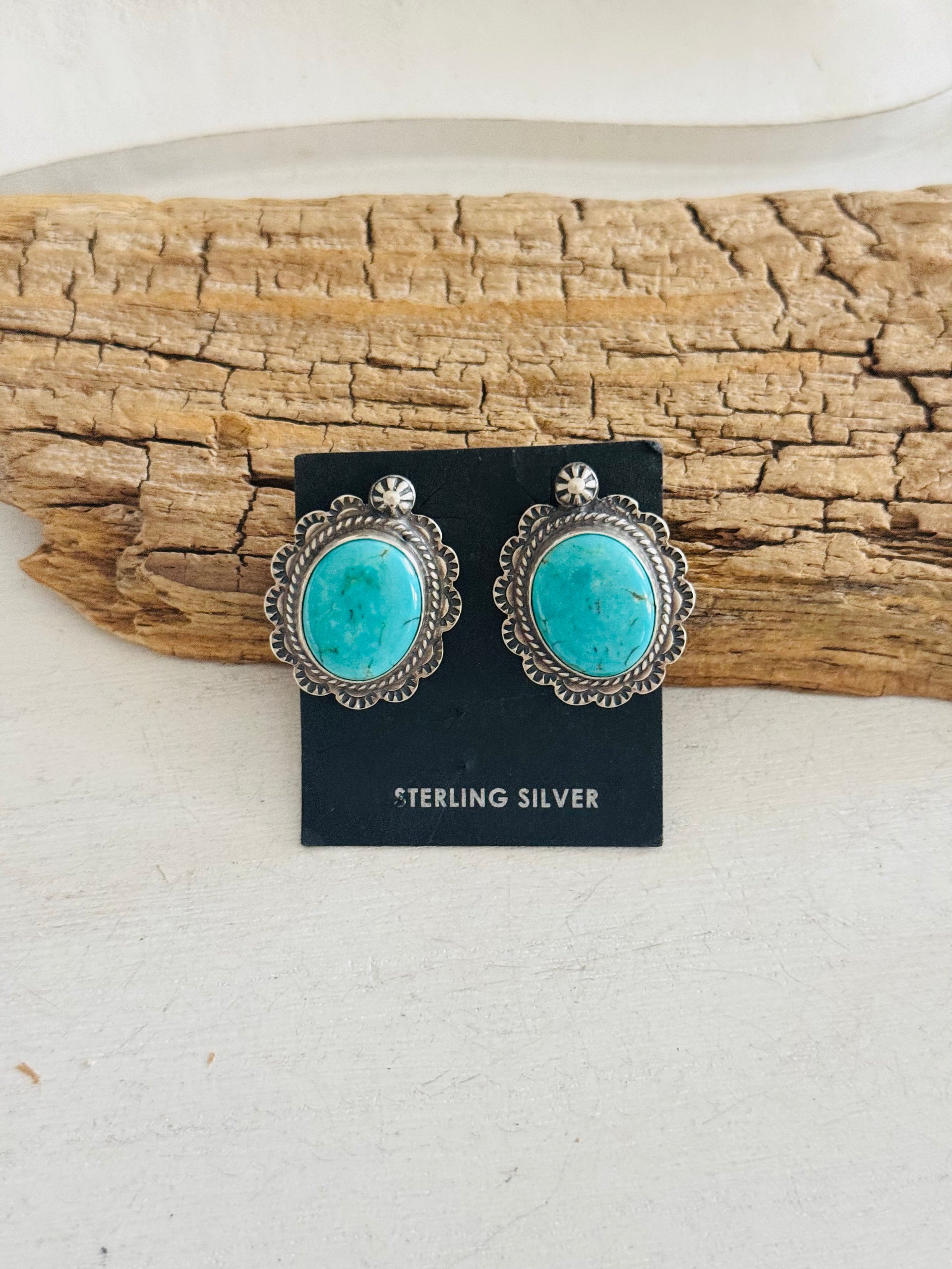 Navajo Made Kingman Turquoise & Sterling Silver Post Earrings