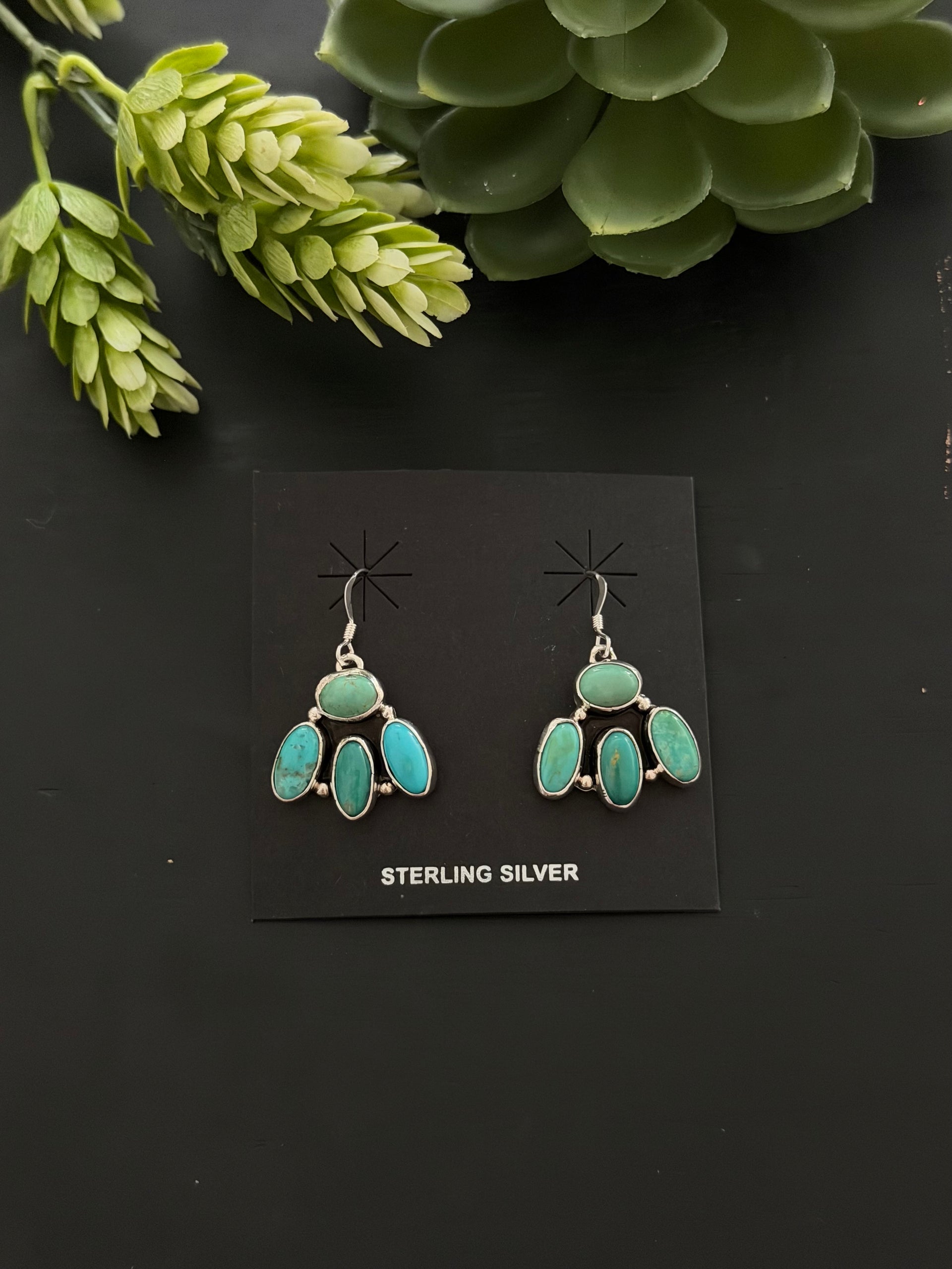 Navajo Made Kingman Turquoise & Sterling Silver Cluster Dangle Earrings