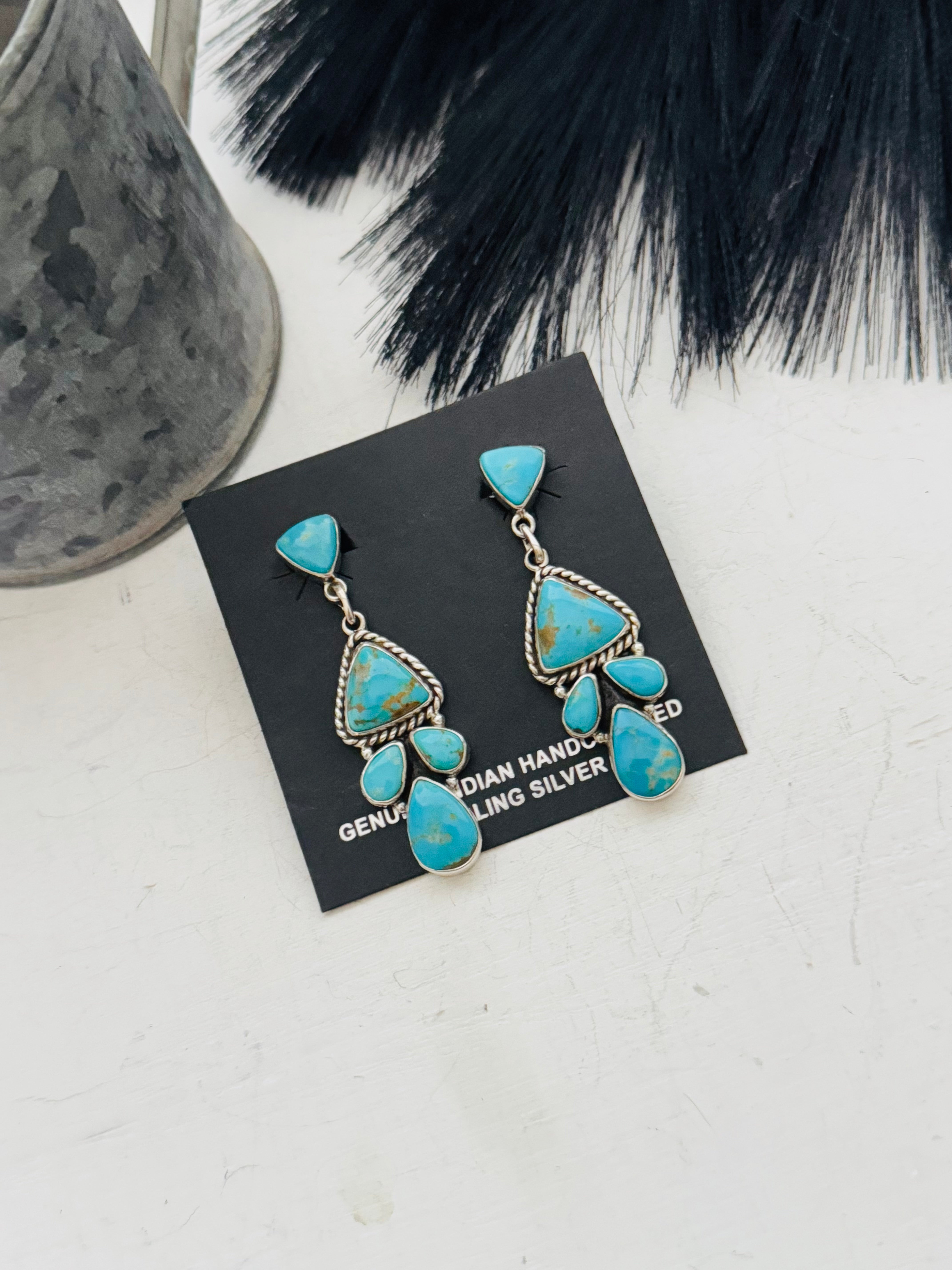 Southwest Handmade Kingman Turquoise & Sterling Silver Post Dangle Earrings