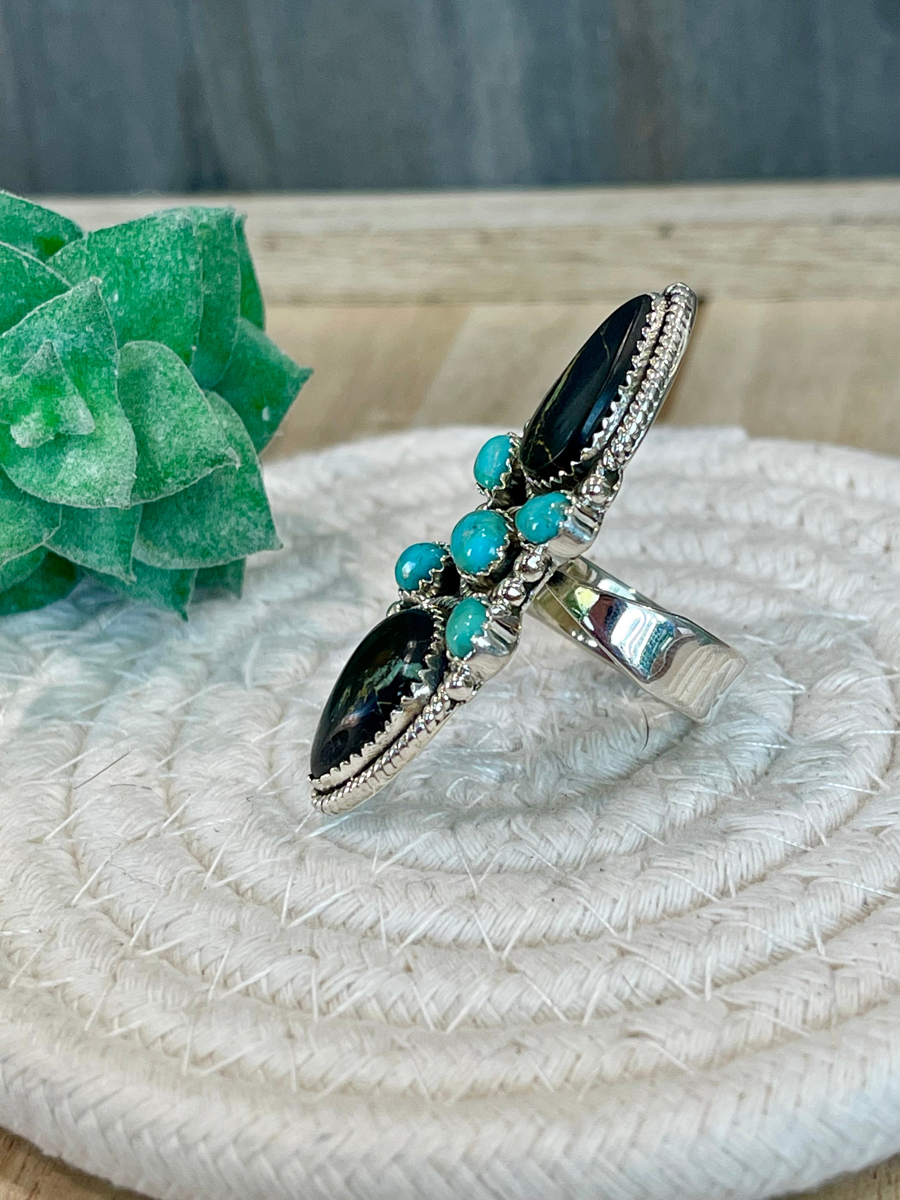 Southwest Handmade BlackJack Turquoise And Kingman Turquoise & Sterling Silver Adjustable Ring