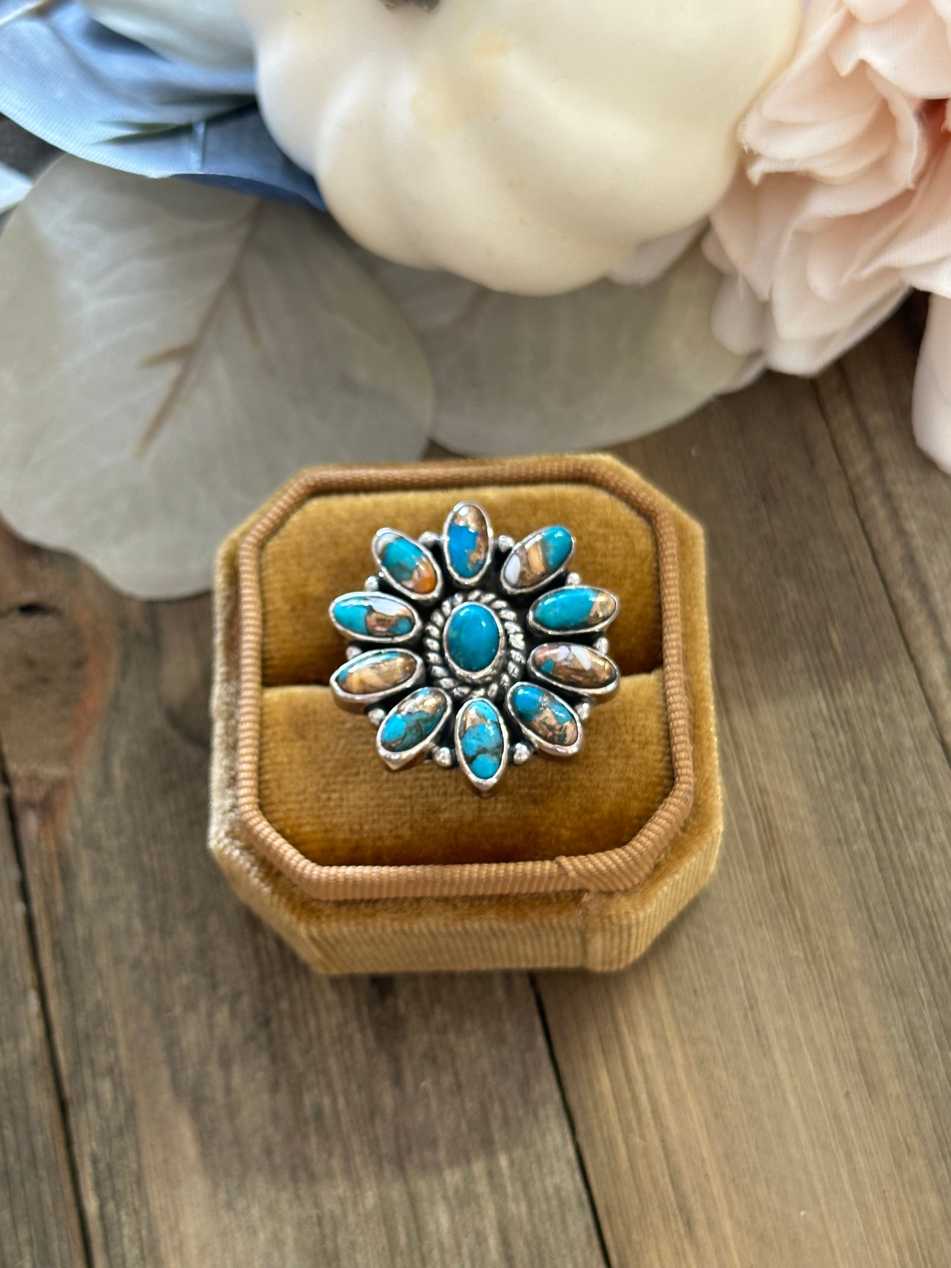 Southwest Handmade Mohave Turquoise & Sterling Silver Adjustable Cluster Ring