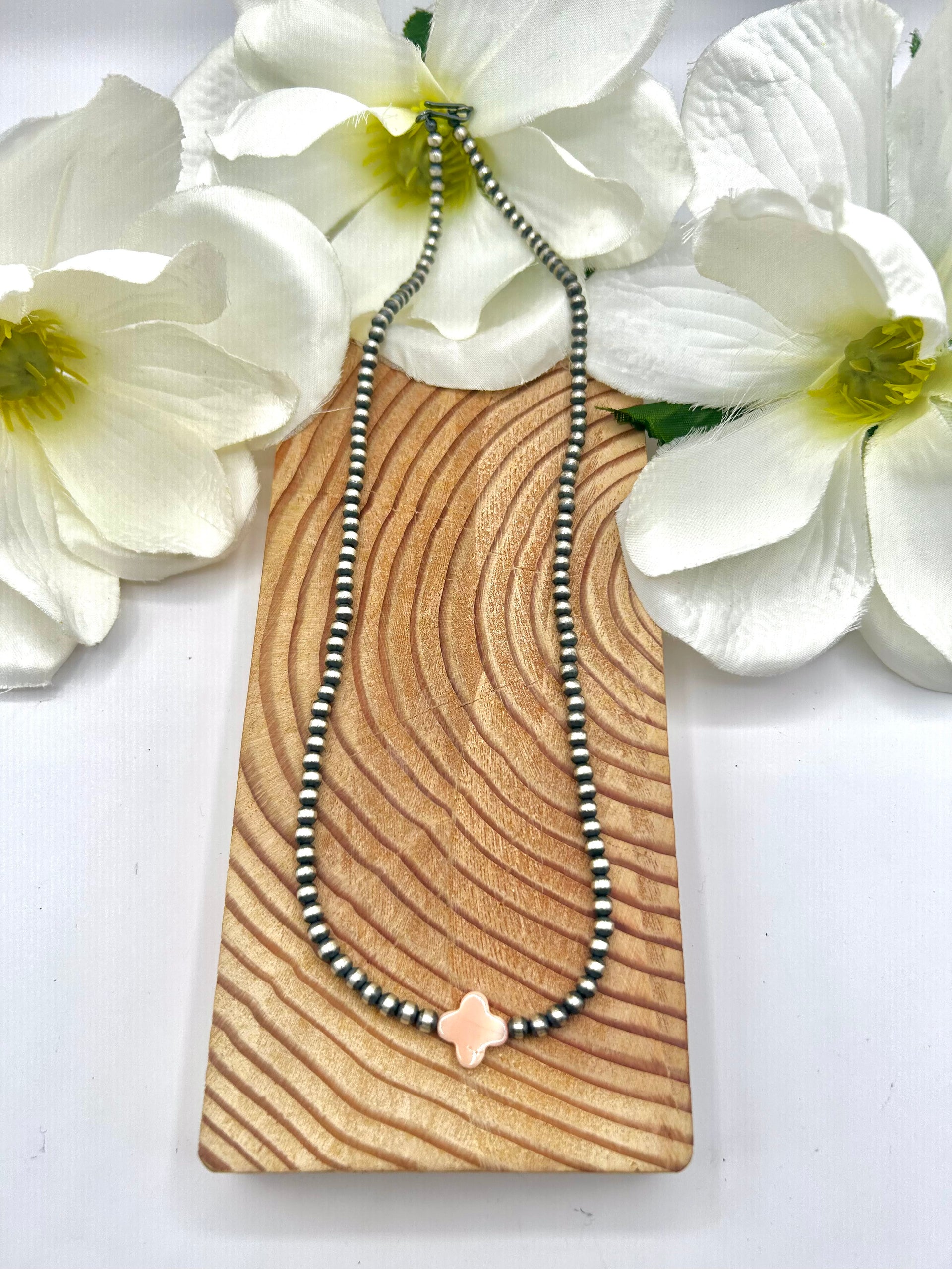 Navajo Made Strung Pink Conch & Sterling Silver Necklace