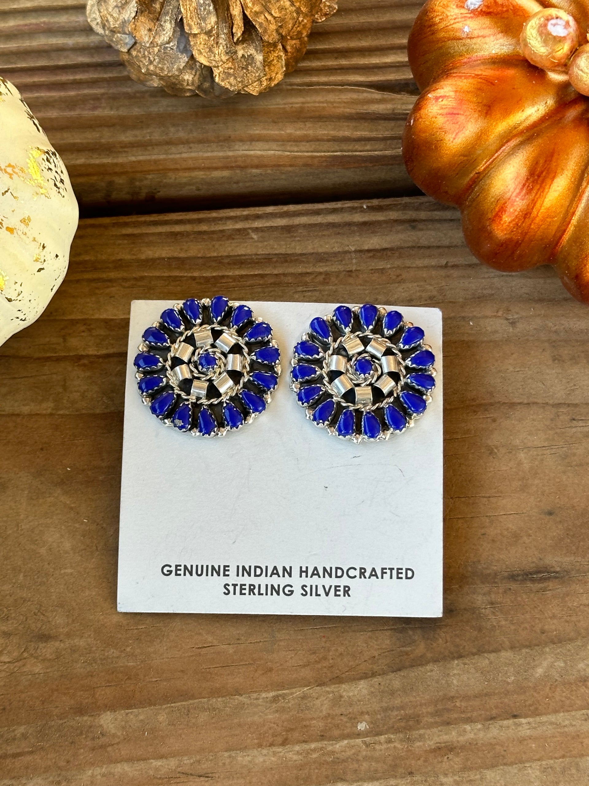 Navajo Handmade Lapis & Sterling Silver Post Cluster Earrings